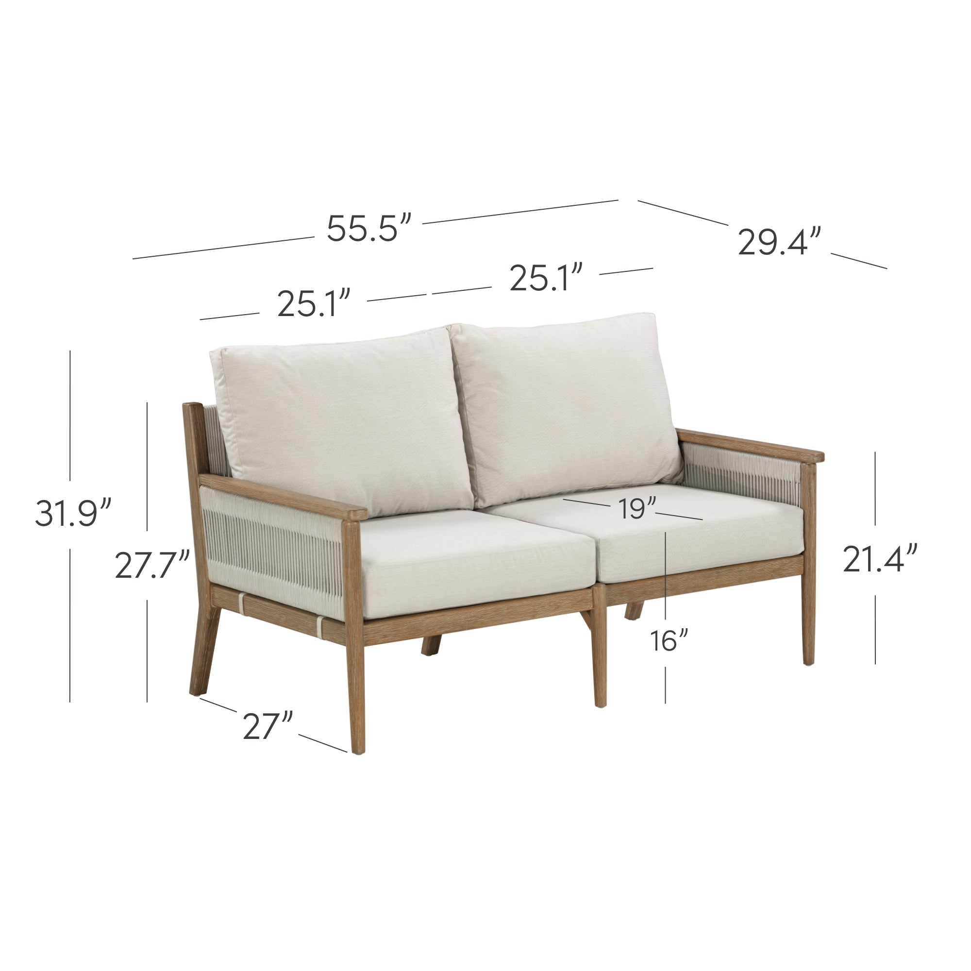 A two-seat sofa with beige cushions and wooden frame, shown with labeled measurements: width 55.5, depth 27, height 31.9, seat height 16, arm height 21.4, back height 27.7, seat depth 19, and seat width 25.1 each.