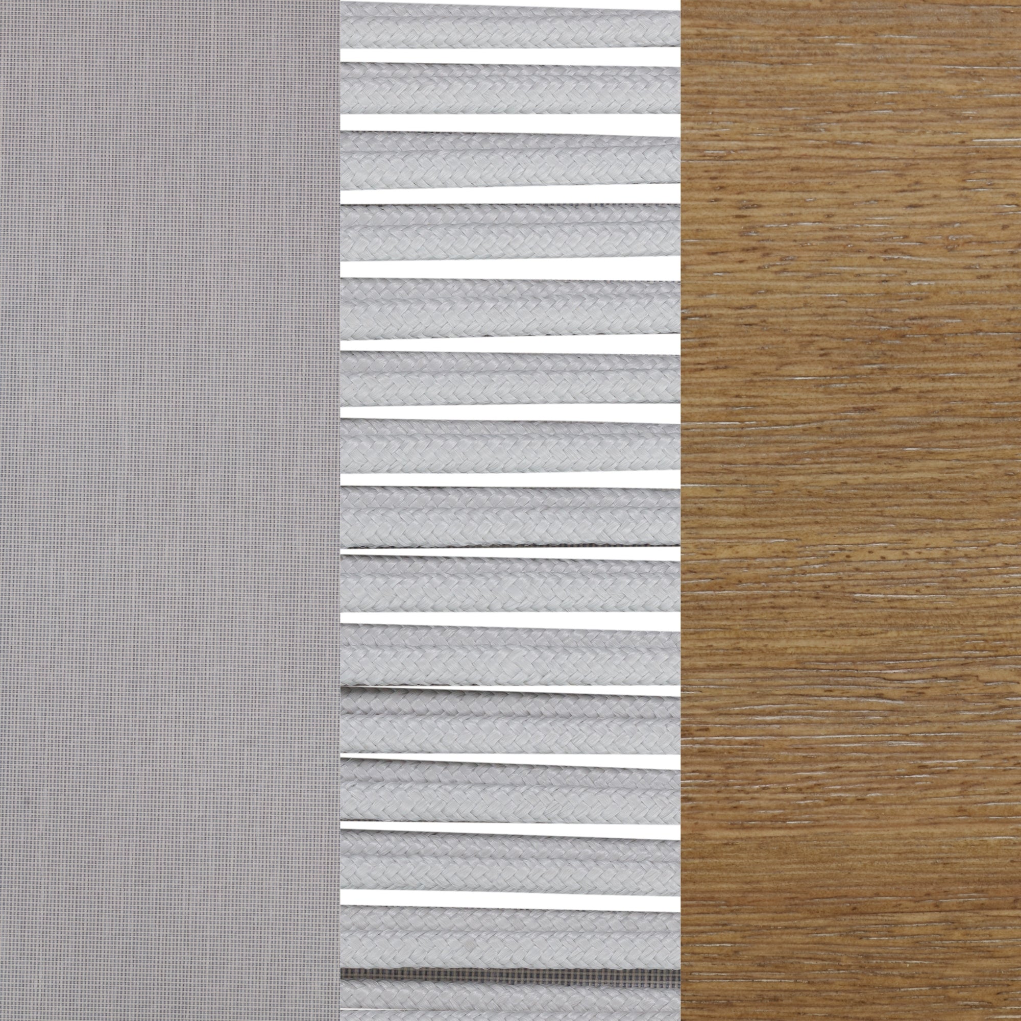 A geometric pattern with three vertical sections: gray mesh on the left, silver horizontal metallic slats in the center, and brown wood grain texture on the right.