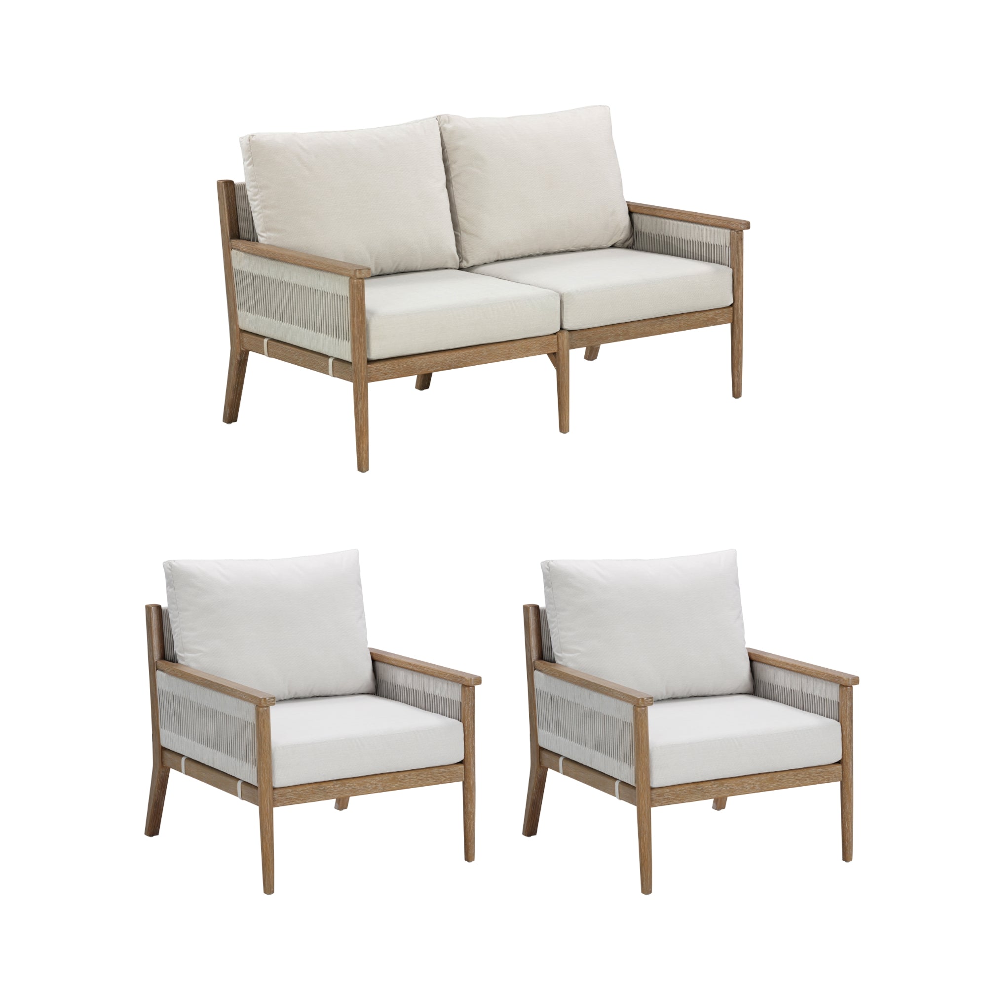 Three-piece outdoor furniture set with light wood frames, beige seat cushions, and beige back cushions. Set includes a two-seat sofa and two matching armchairs, all with a modern, minimalist design.