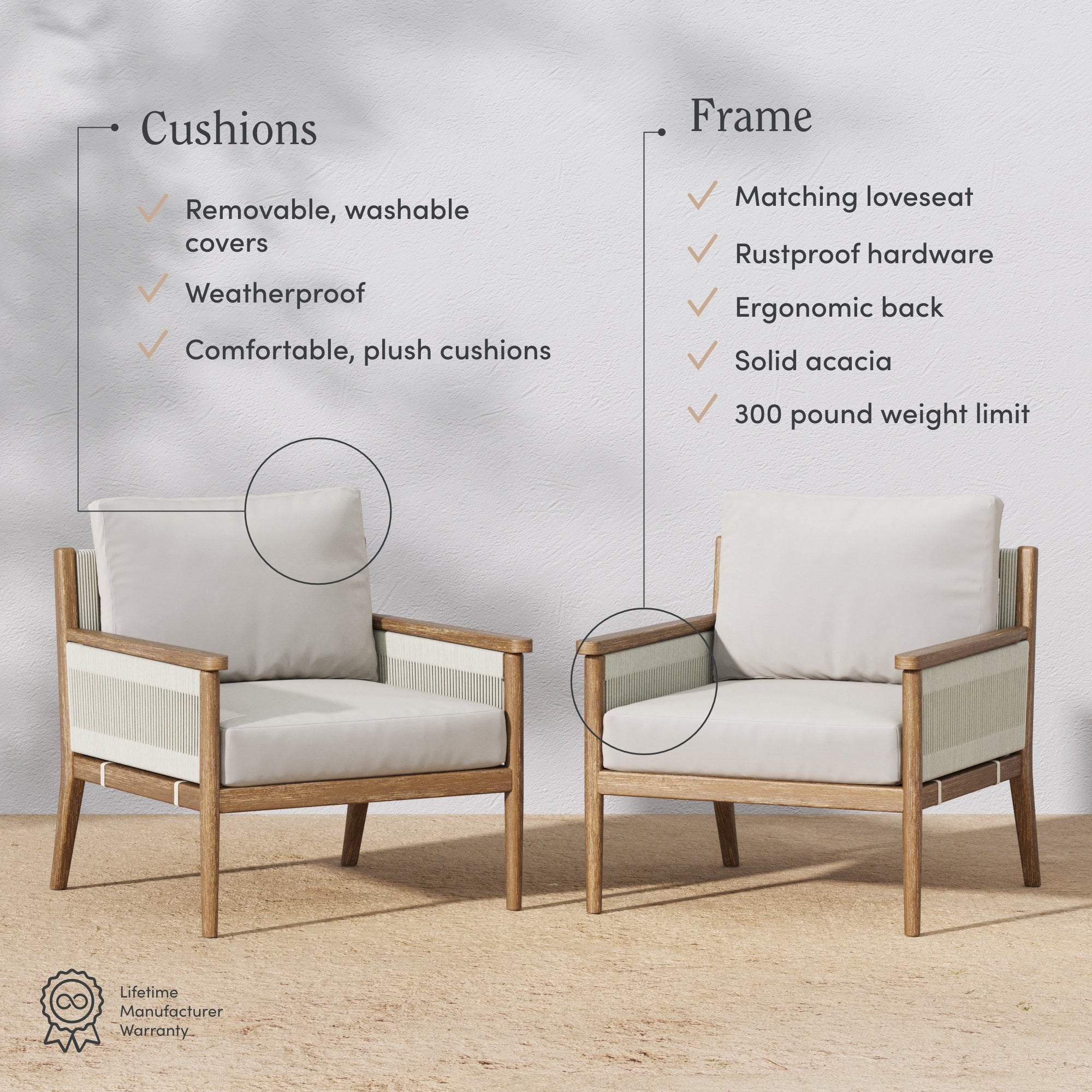 Two modern wooden lounge chairs with white cushions are on display. Text highlights features of the cushions (removable, washable, weatherproof, plush) and frame (matching loveseat, rustproof, ergonomic, acacia, 300 lb weight limit).