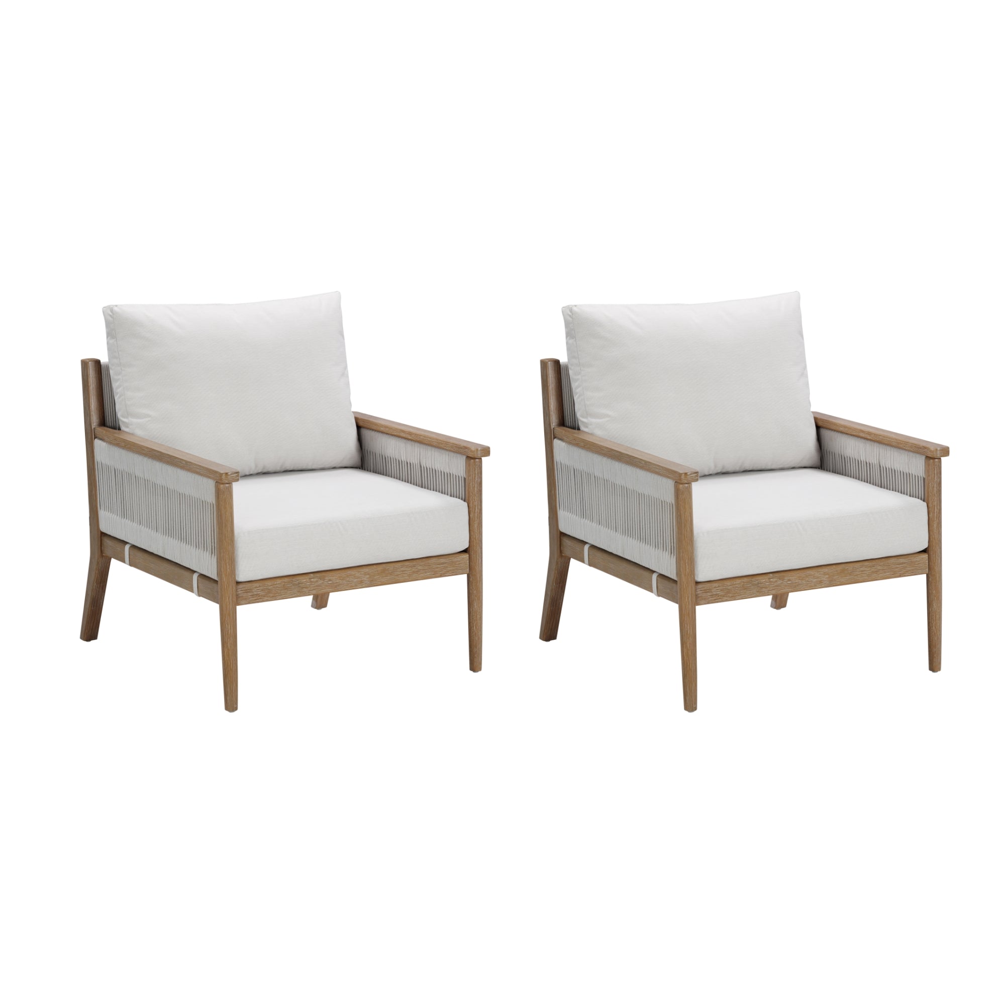 Two wooden armchairs with light beige cushions and backrests, featuring light-colored woven sides and angled legs, placed side by side on a plain white background.