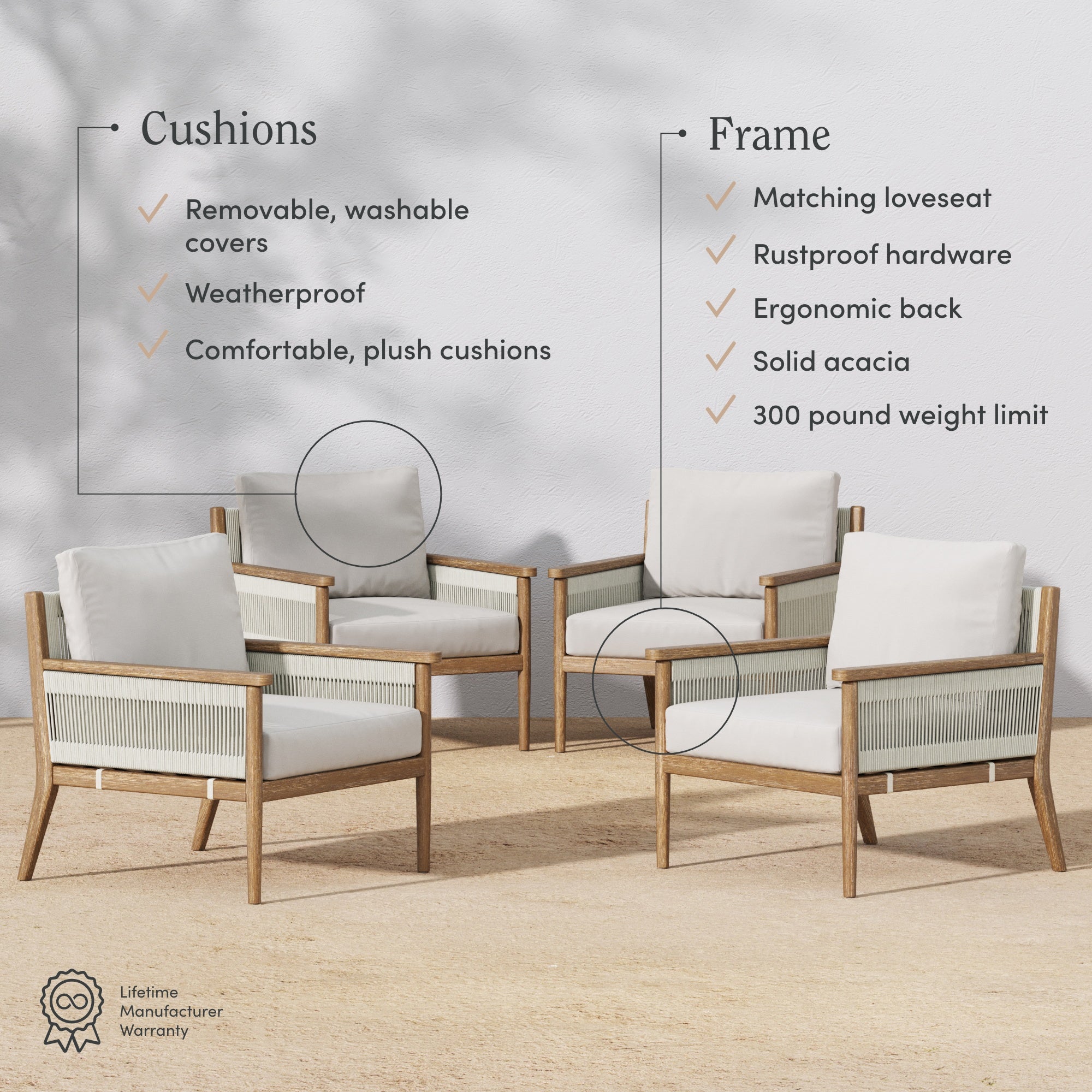 Four outdoor lounge chairs with light wood frames and white cushions are arranged on a patio. Text highlights features: washable, weatherproof cushions, ergonomic back, rustproof hardware, and 300-pound weight limit.