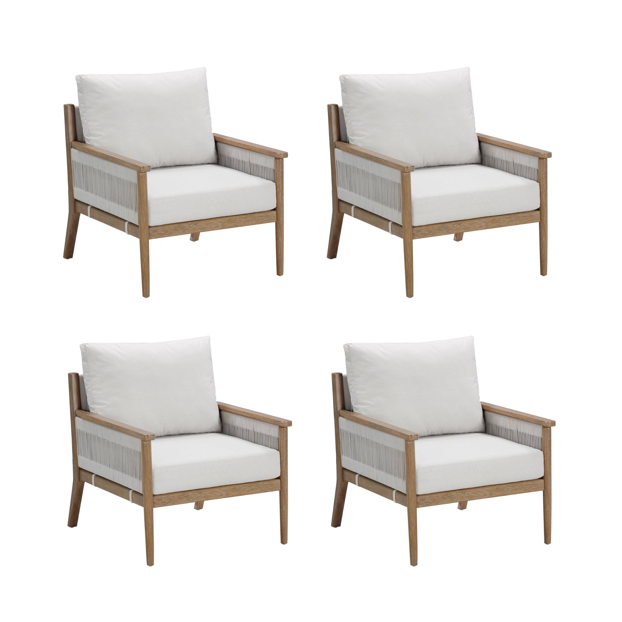 Four identical wooden armchairs with light beige seat and back cushions, arranged in a square pattern on a white background.