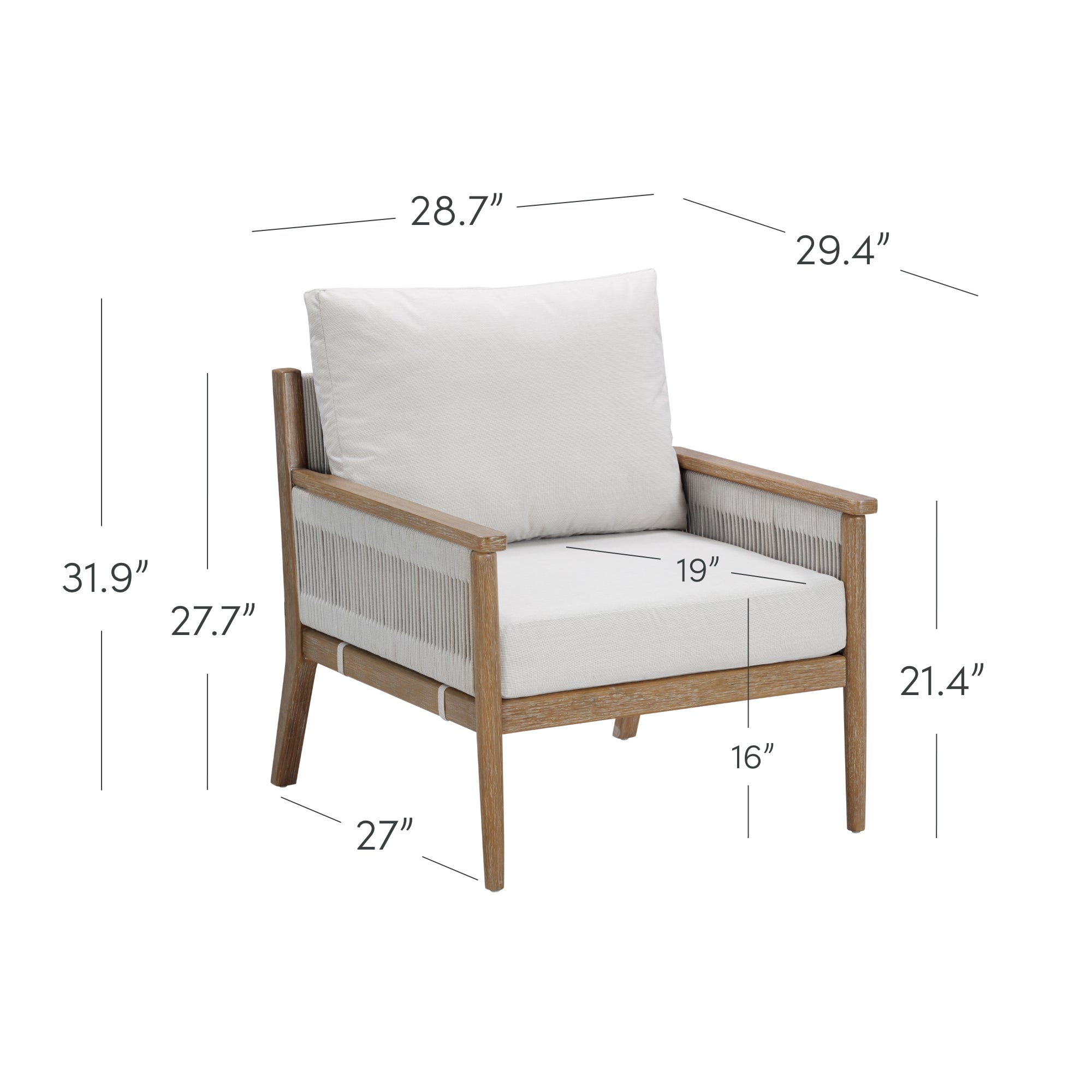 A cushioned armchair with wooden frame and light-colored cushions, shown with dimensions: height 31.9, seat height 16, arm height 21.4, seat depth 19, seat width 27, depth 28.7, length 29.4, and armrest height 27.7.