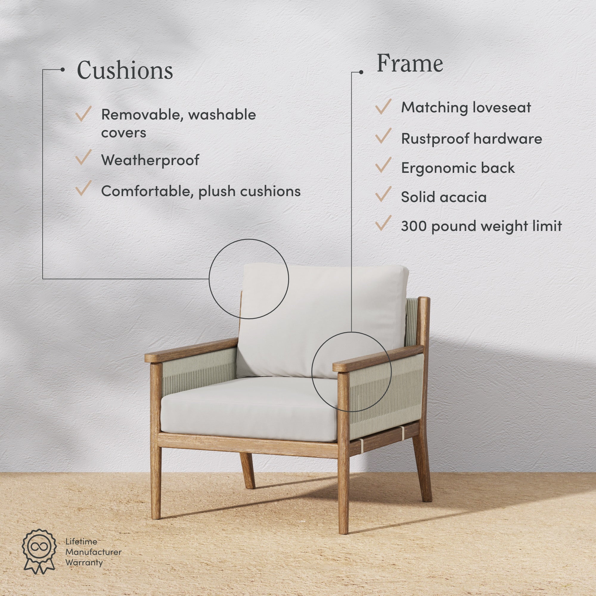 A modern wooden armchair with light cushions is highlighted against a white wall. Text on the image lists features of the cushions and frame, such as washable covers, weatherproofing, and a 300-pound weight limit.