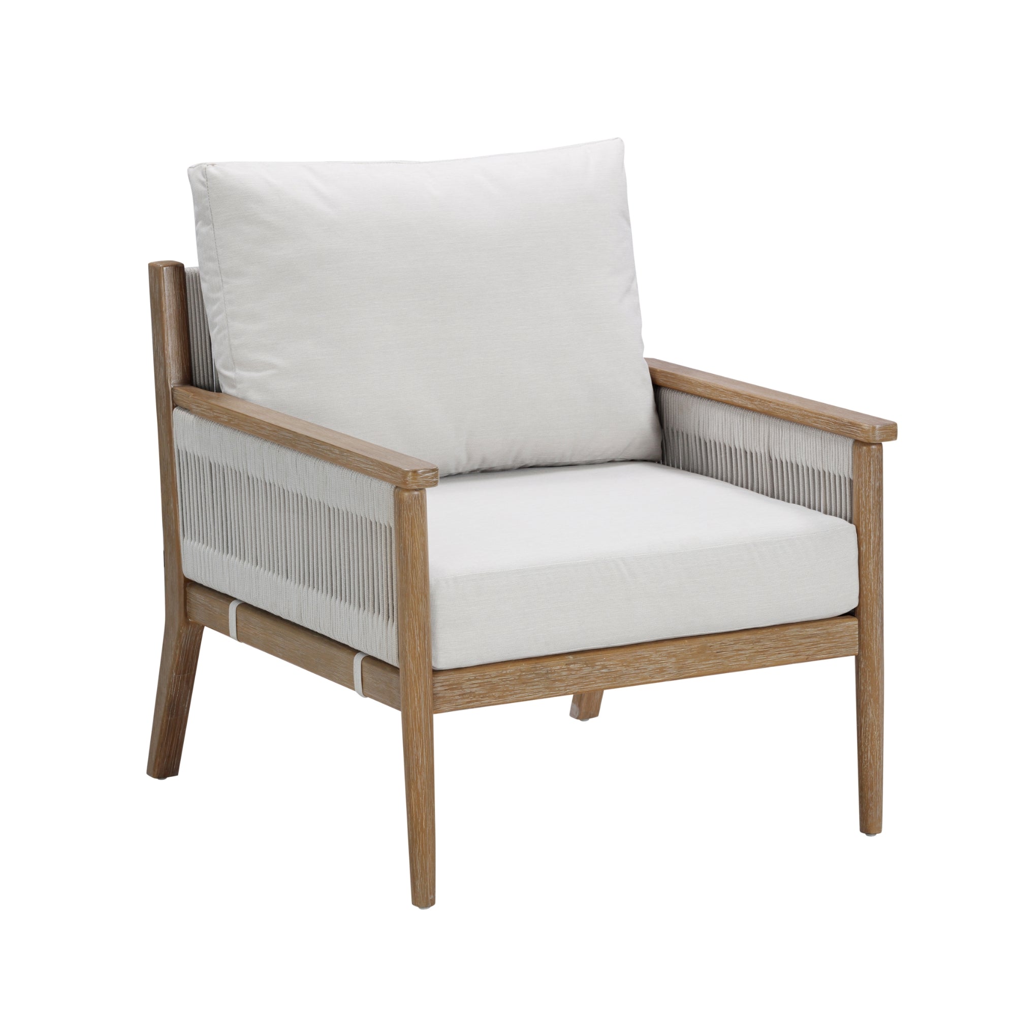 A modern lounge chair with a light wood frame, beige cushions, and woven detailing on the sides and back. The chair has a minimalist and contemporary design.