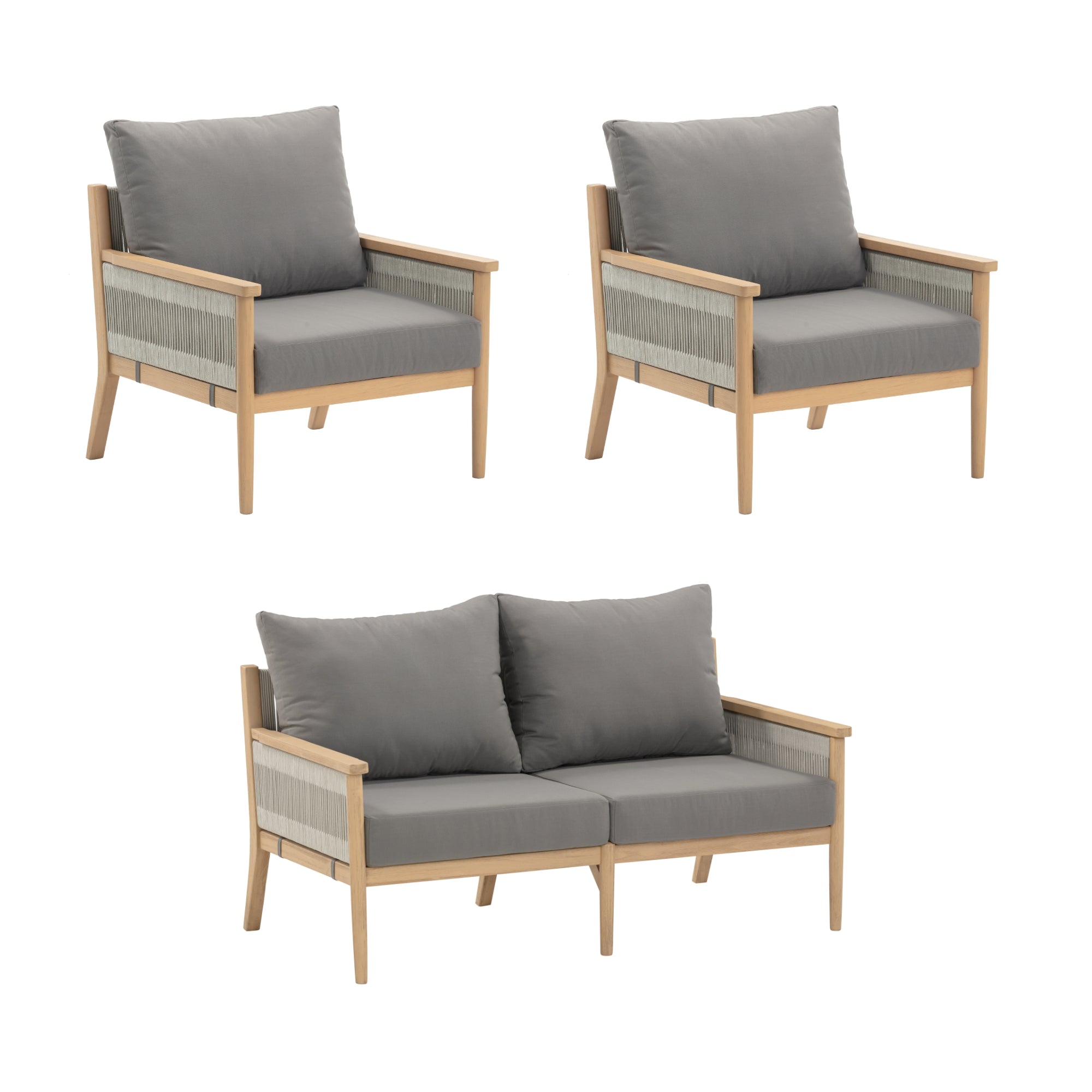 A set of outdoor wooden furniture with two single armchairs and one two-seater sofa, featuring gray cushions and light wood frames with woven side panels, displayed on a white background.