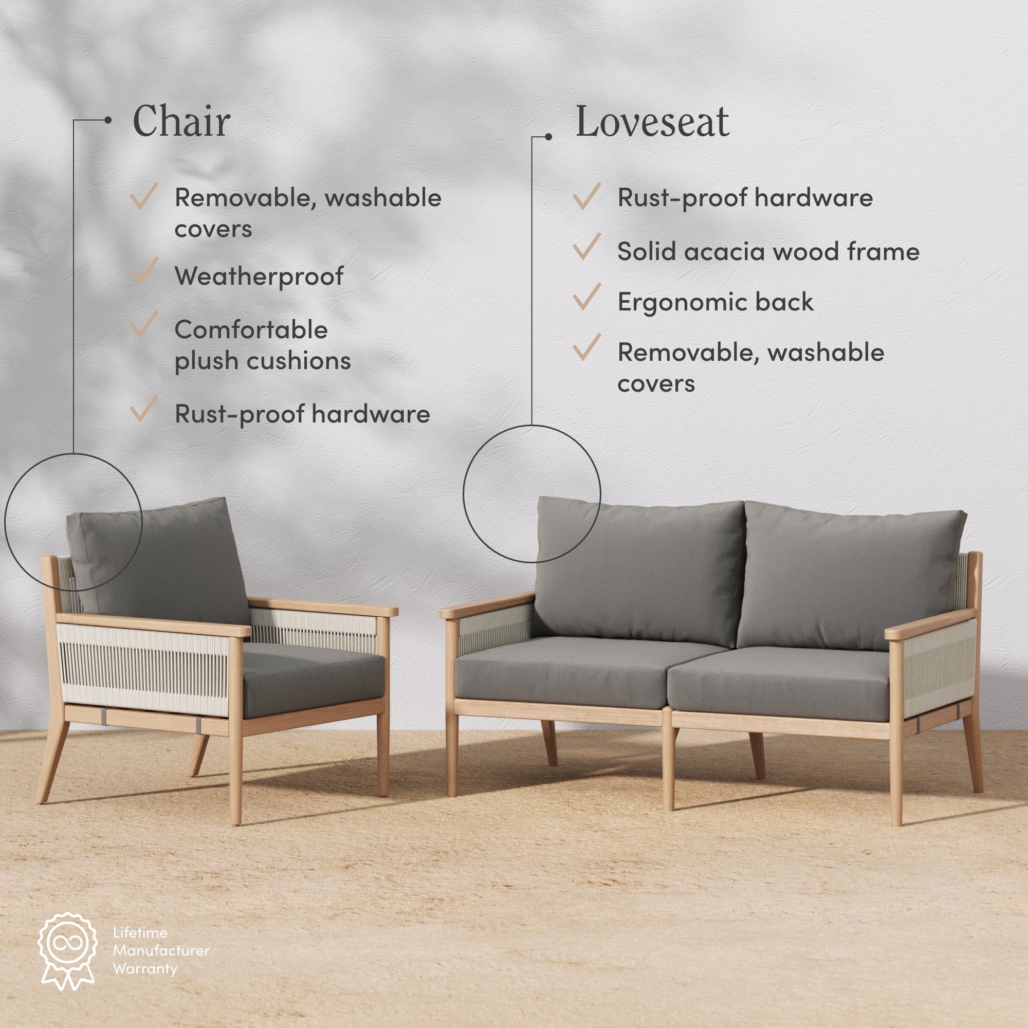 A modern chair and loveseat set with gray cushions and light wood frames displayed outdoors. Text highlights features like washable covers, weatherproof materials, and rust-proof hardware for both pieces.