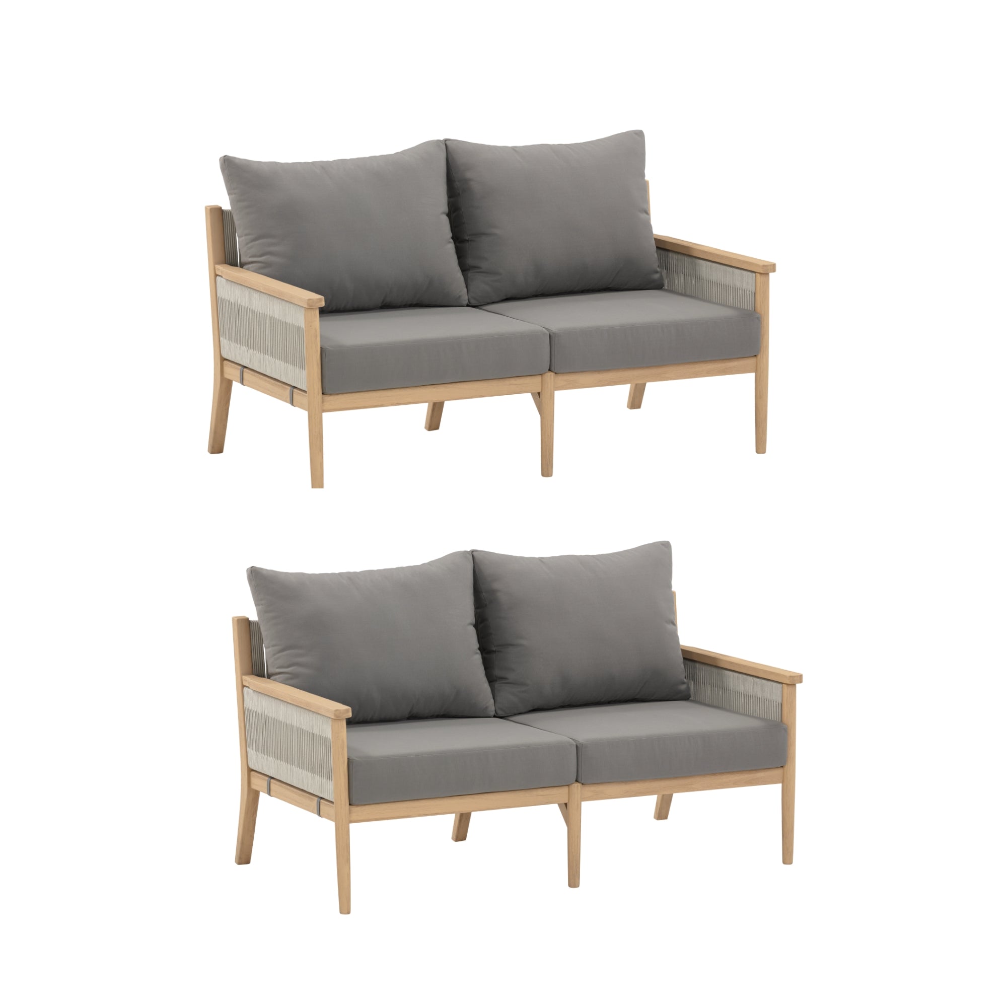 Two identical wooden two-seater sofas with light brown frames and gray cushions, placed one above the other on a white background.