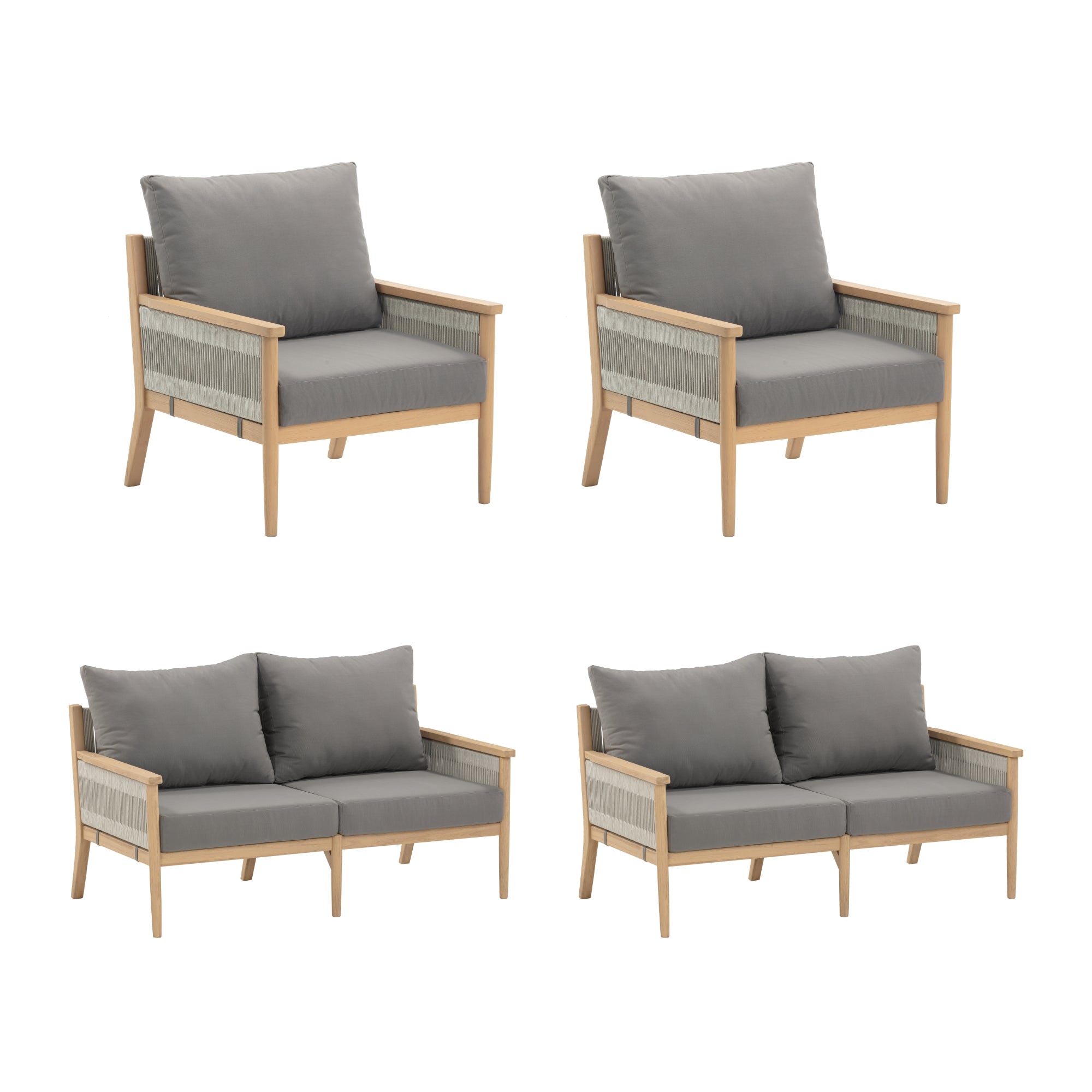 Four wooden-framed outdoor chairs and loveseats with gray cushions and woven side panels, shown against a white background. Two single chairs are above two two-seater loveseats, all matching in style.