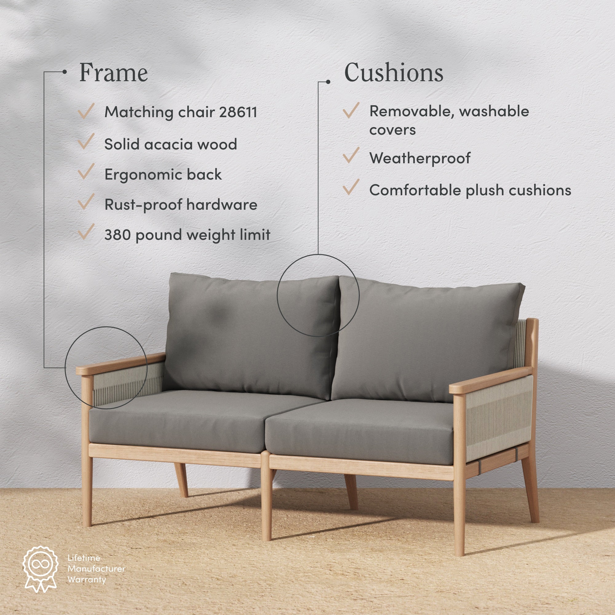 A modern outdoor loveseat with light wood frame, gray seat and back cushions, mesh panel sides, and text listing features like solid acacia wood, ergonomic back, weatherproof, and removable washable covers.