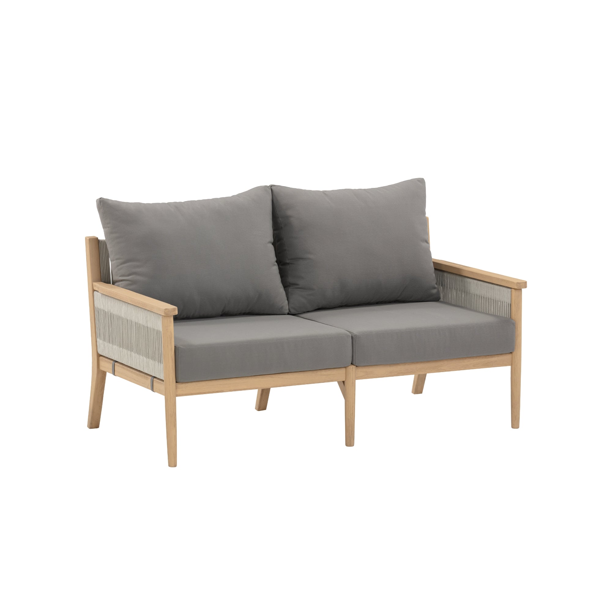 A modern loveseat with a light wood frame, woven side panels, and thick gray seat and back cushions, shown against a plain white background.