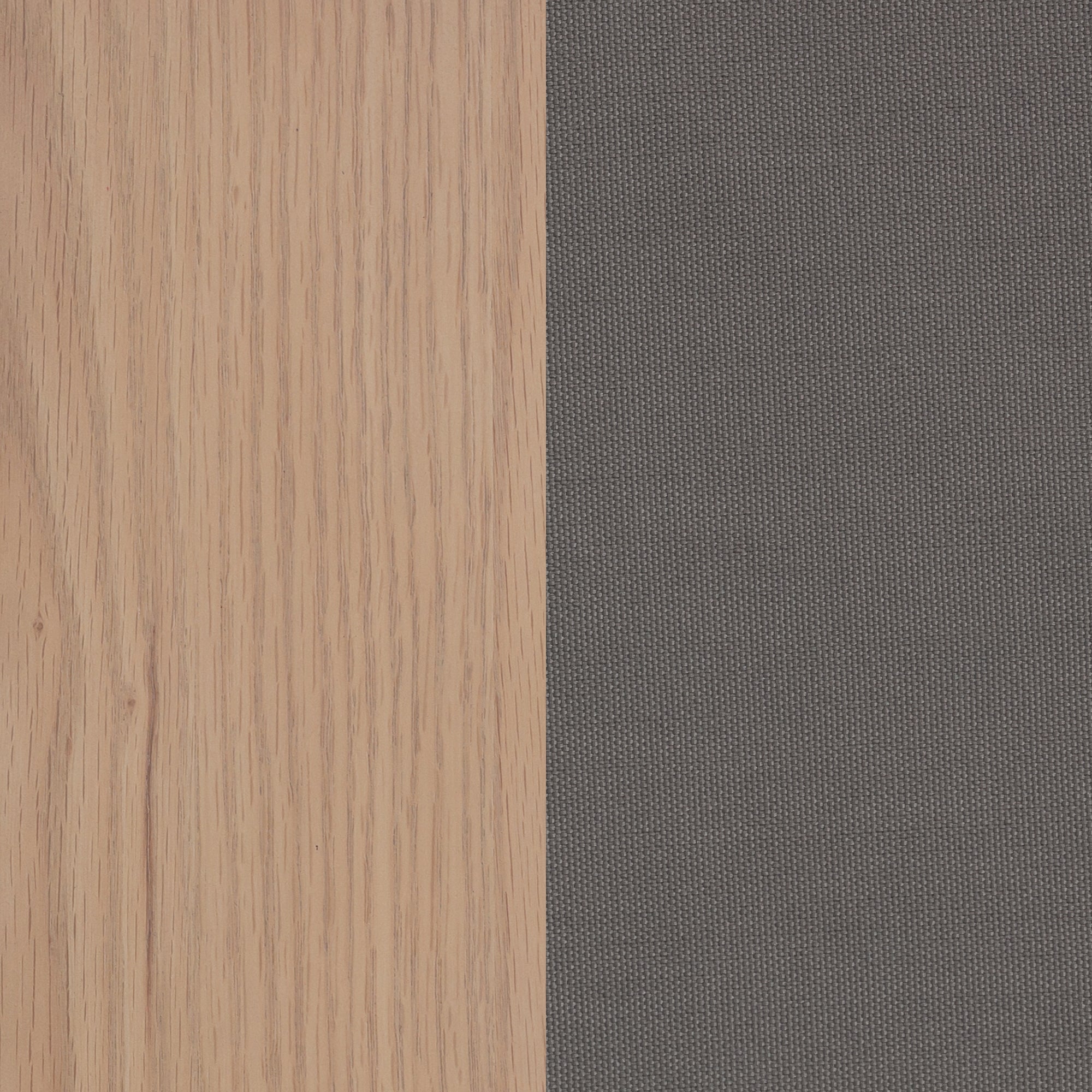 A vertical split image showing light wood grain texture on the left and dark, finely textured fabric on the right.