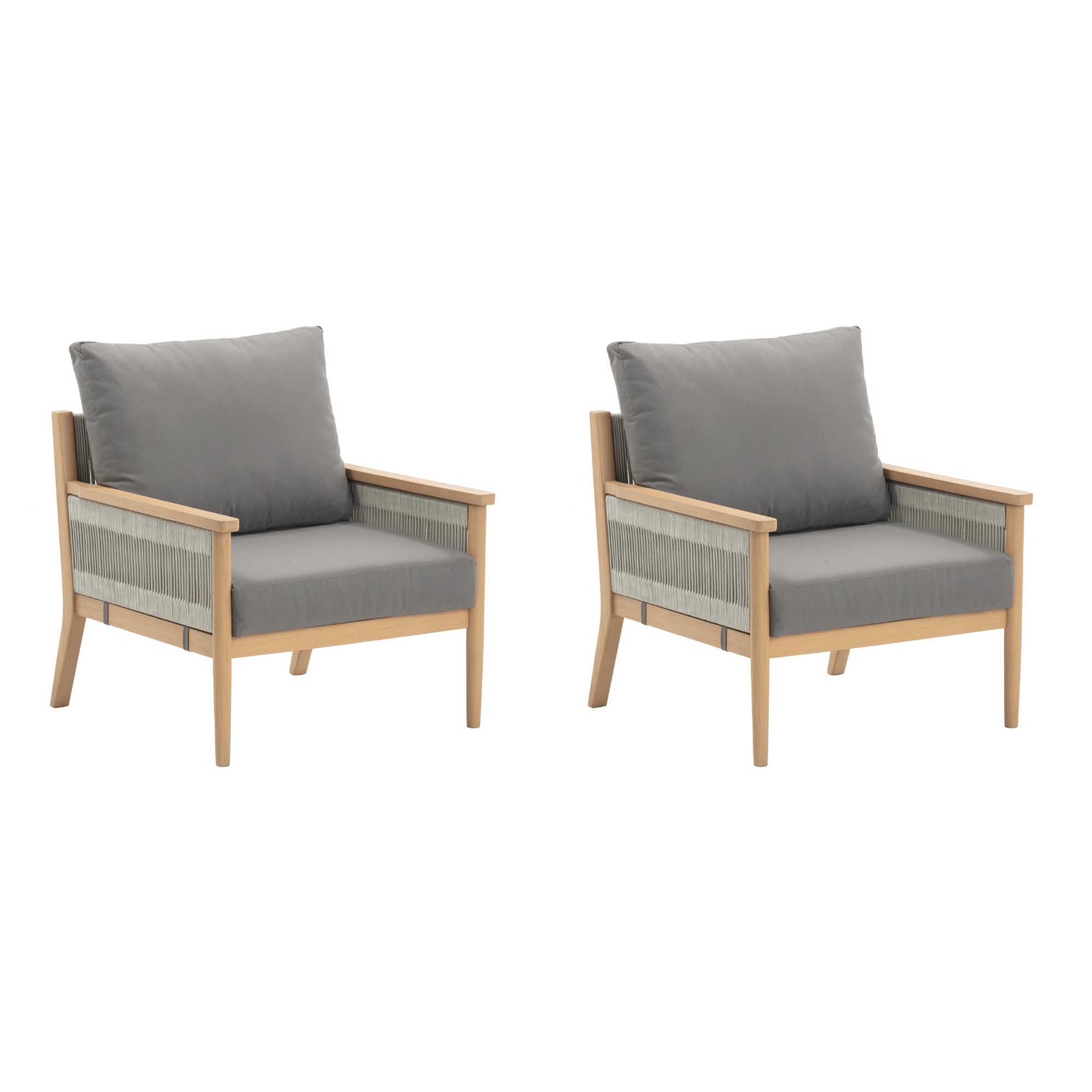 Two identical wooden armchairs with light brown frames, gray woven sides, and thick gray cushions on the seat and back, set against a plain white background.
