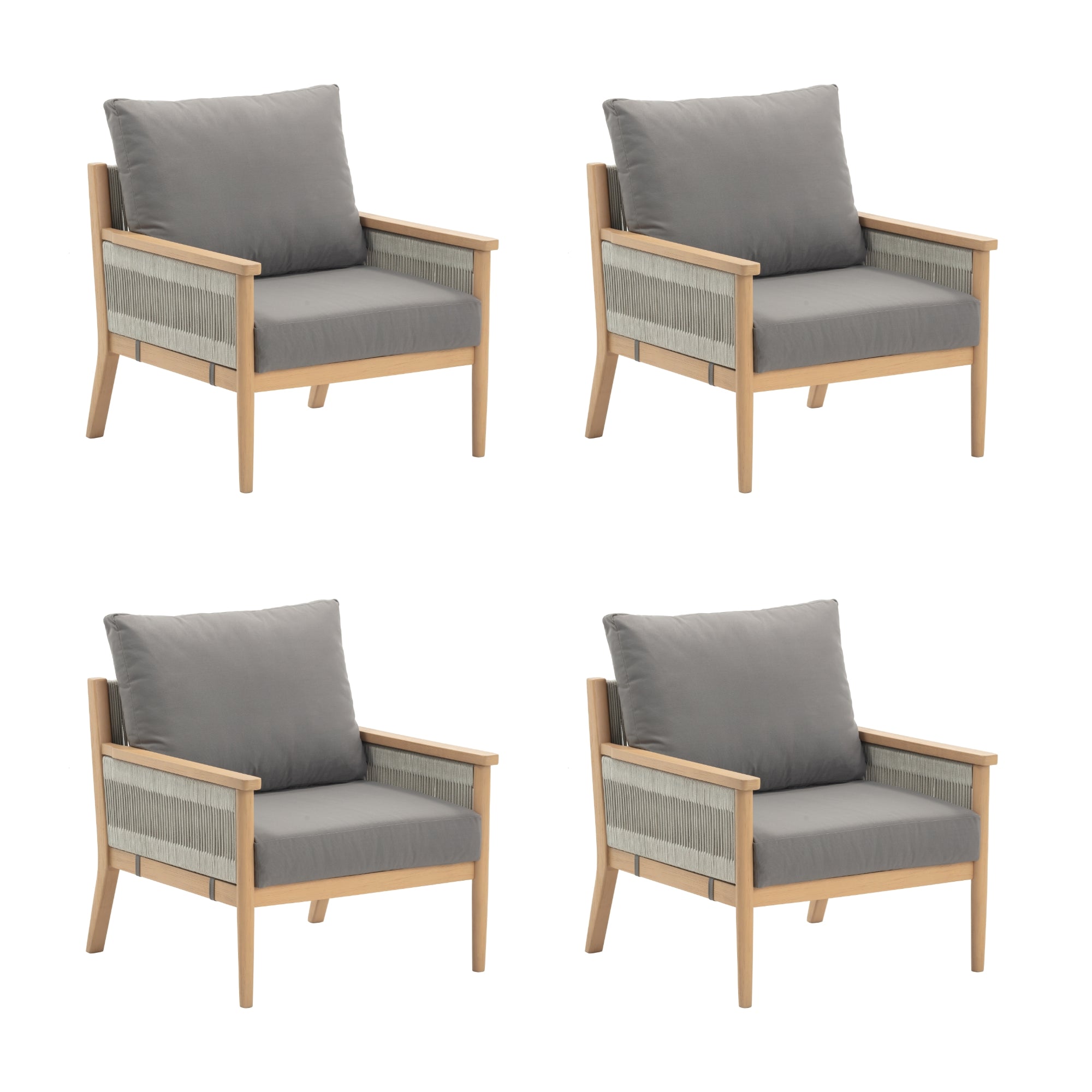 Four identical wooden armchairs with light wood frames, grey cushions, and woven rope detailing on the sides, arranged in a two-by-two grid on a white background.