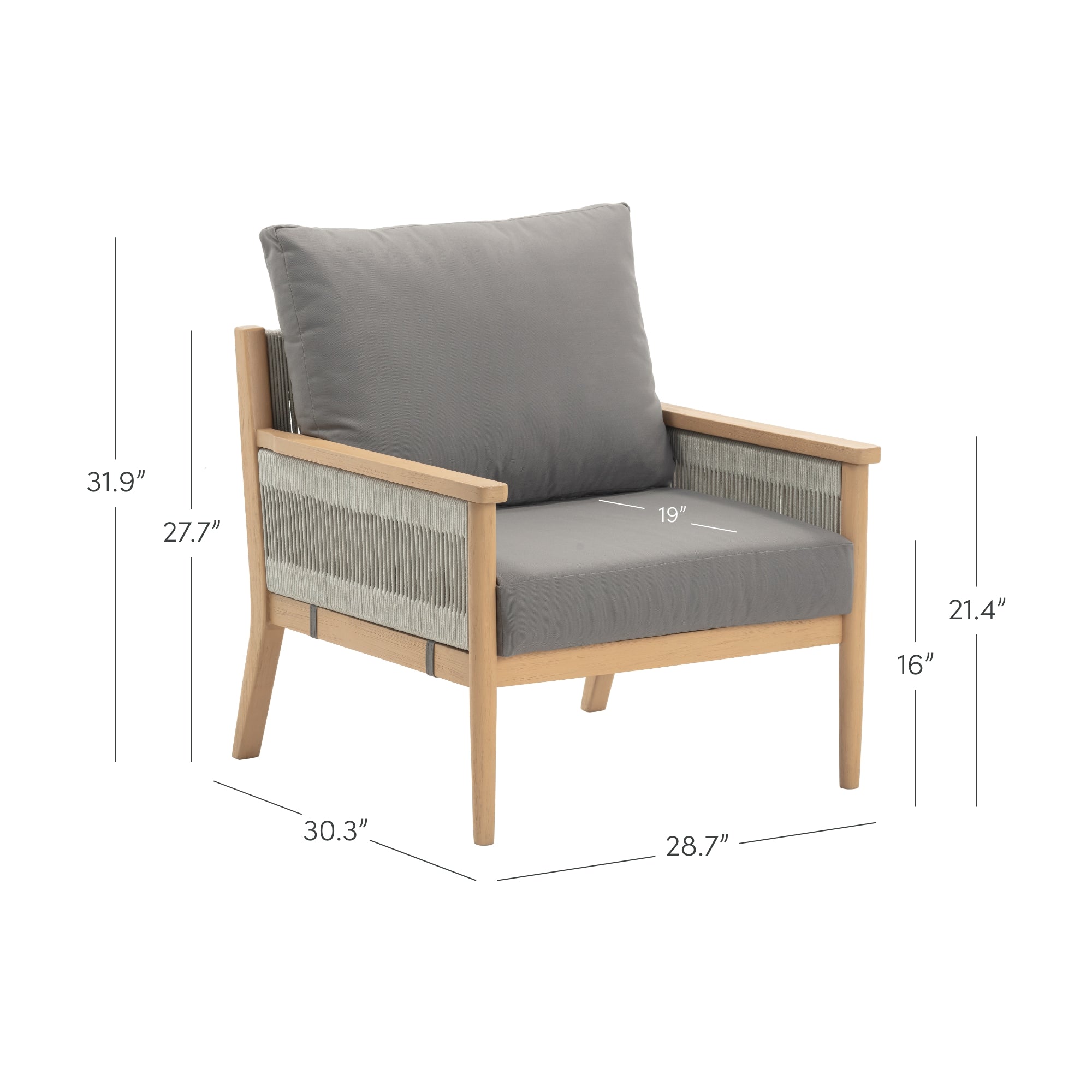 A wooden armchair with gray cushions and side rope detailing, shown with dimensions: 31.9 tall, 30.3 wide, 28.7 deep, seat 19 wide and 16 high, arms 21.4 high, and seat back 27.7 high.