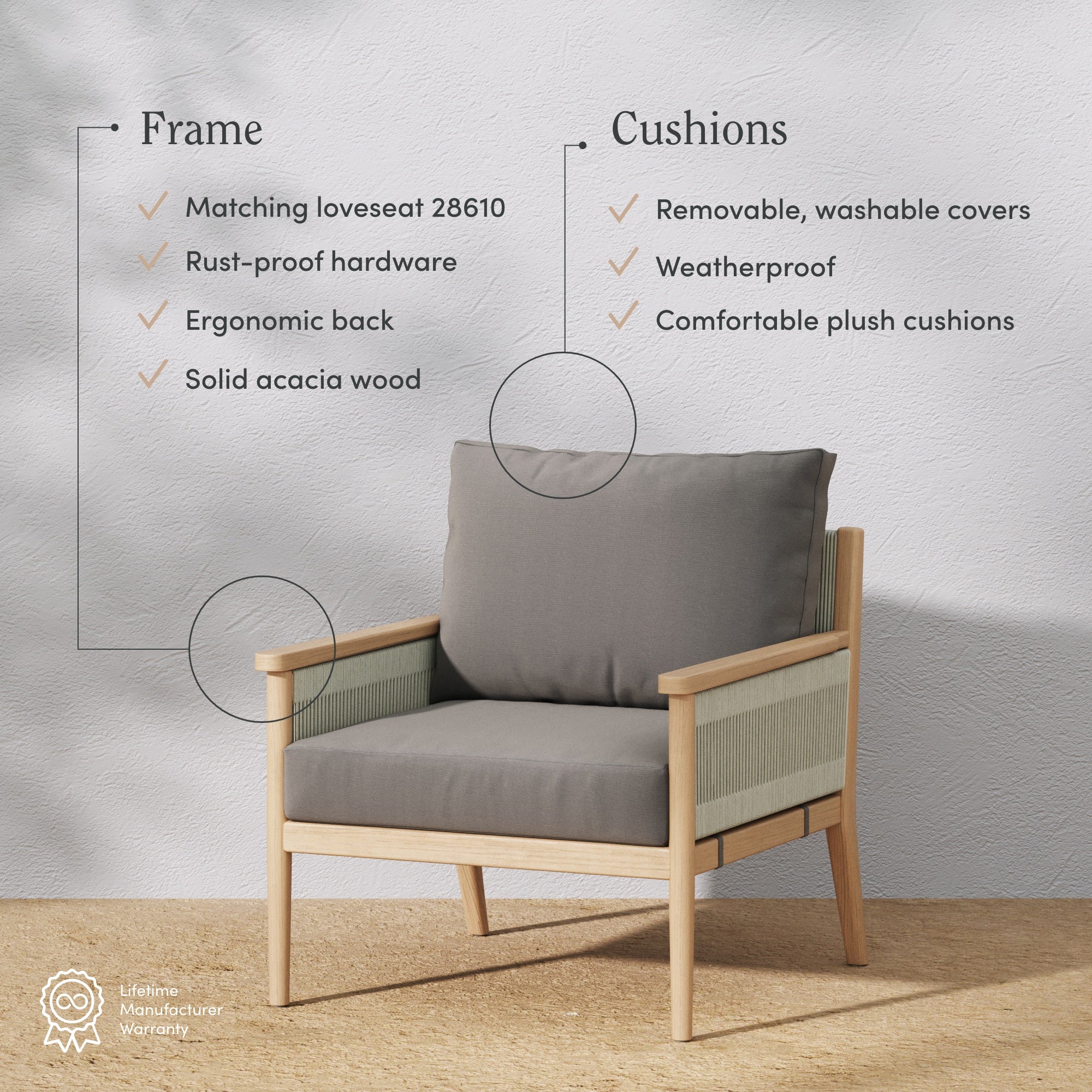 A modern armchair with a wooden frame and gray cushions sits against a white wall. Text highlights its rust-proof hardware, ergonomic back, solid acacia wood, removable washable covers, and plush, weatherproof cushions.