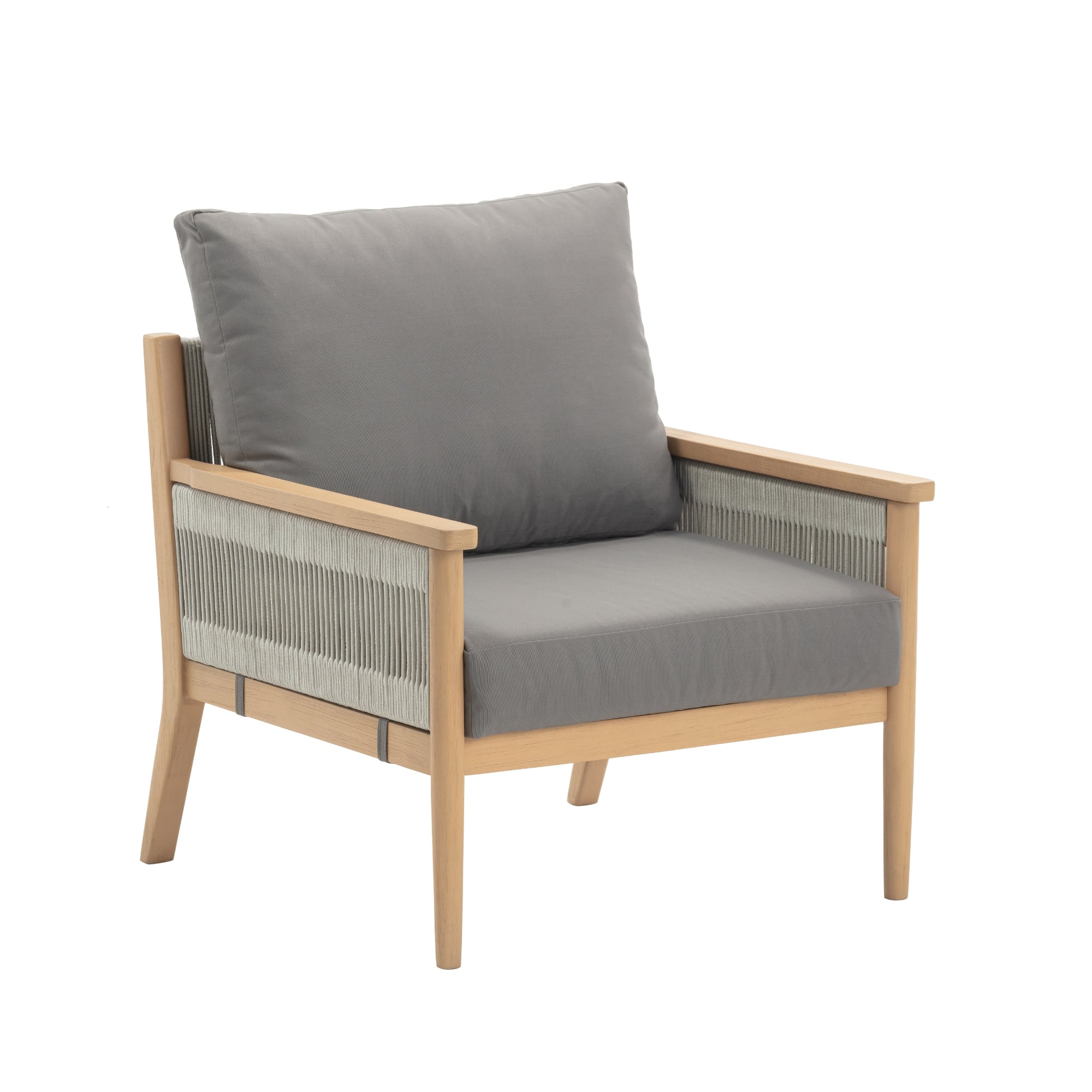 A modern armchair with light wooden legs and frame, grey seat and back cushions, and rope detailing along the sides and backrest.