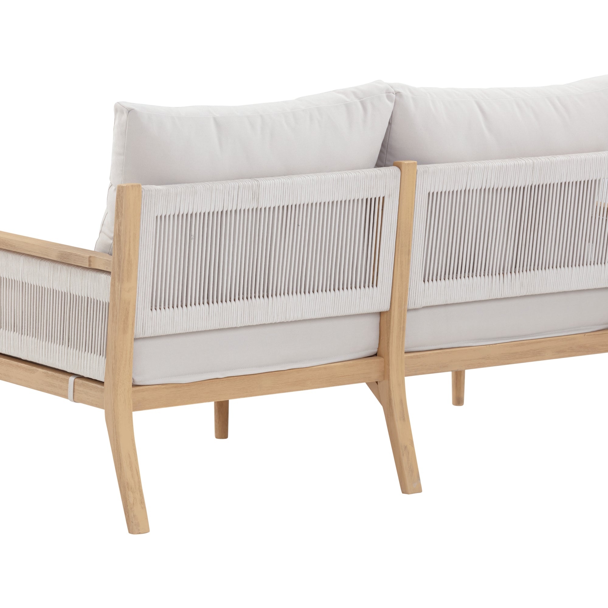 A light wood-framed sofa with white woven rope backrest and light gray cushions, shown from the back and side on a white background.