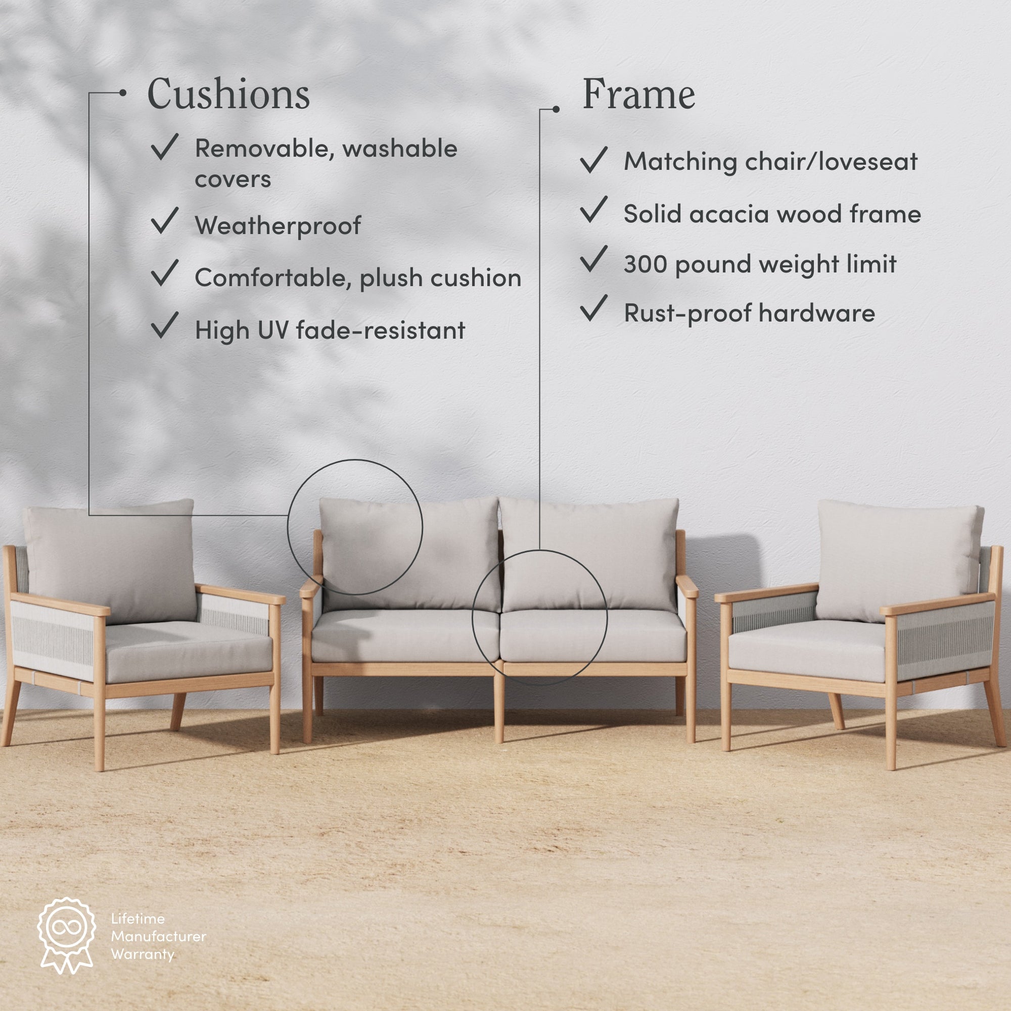 Outdoor patio furniture set with light wood frames and gray cushions. Text highlights features: washable, waterproof, UV-resistant cushions; matching chairs/loveseat; acacia wood frame; 300 lb weight limit; rust-proof hardware.