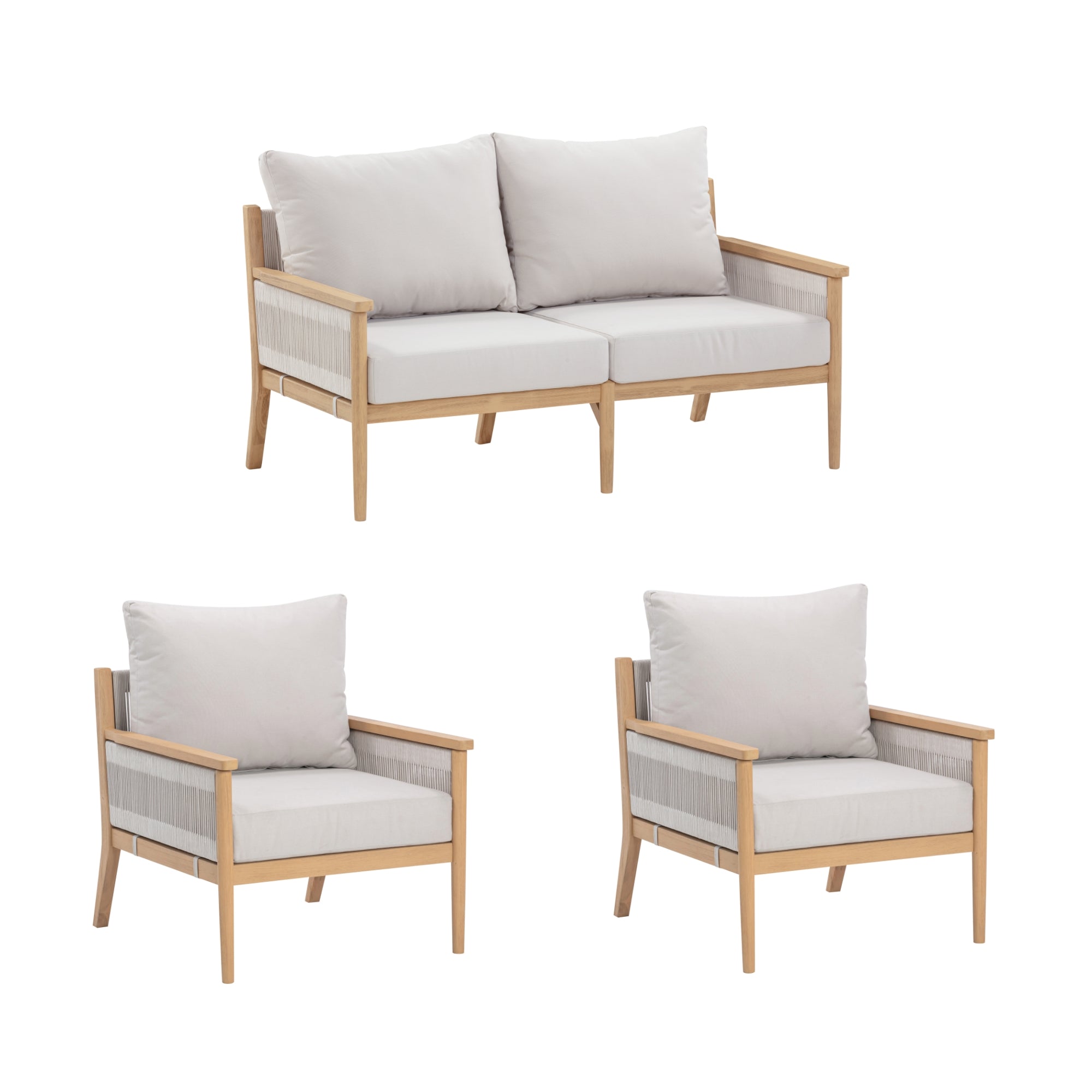 A wooden sofa set with light-colored cushions, featuring a two-seat sofa and two matching armchairs, all with armrests and matching upholstery, displayed on a white background.