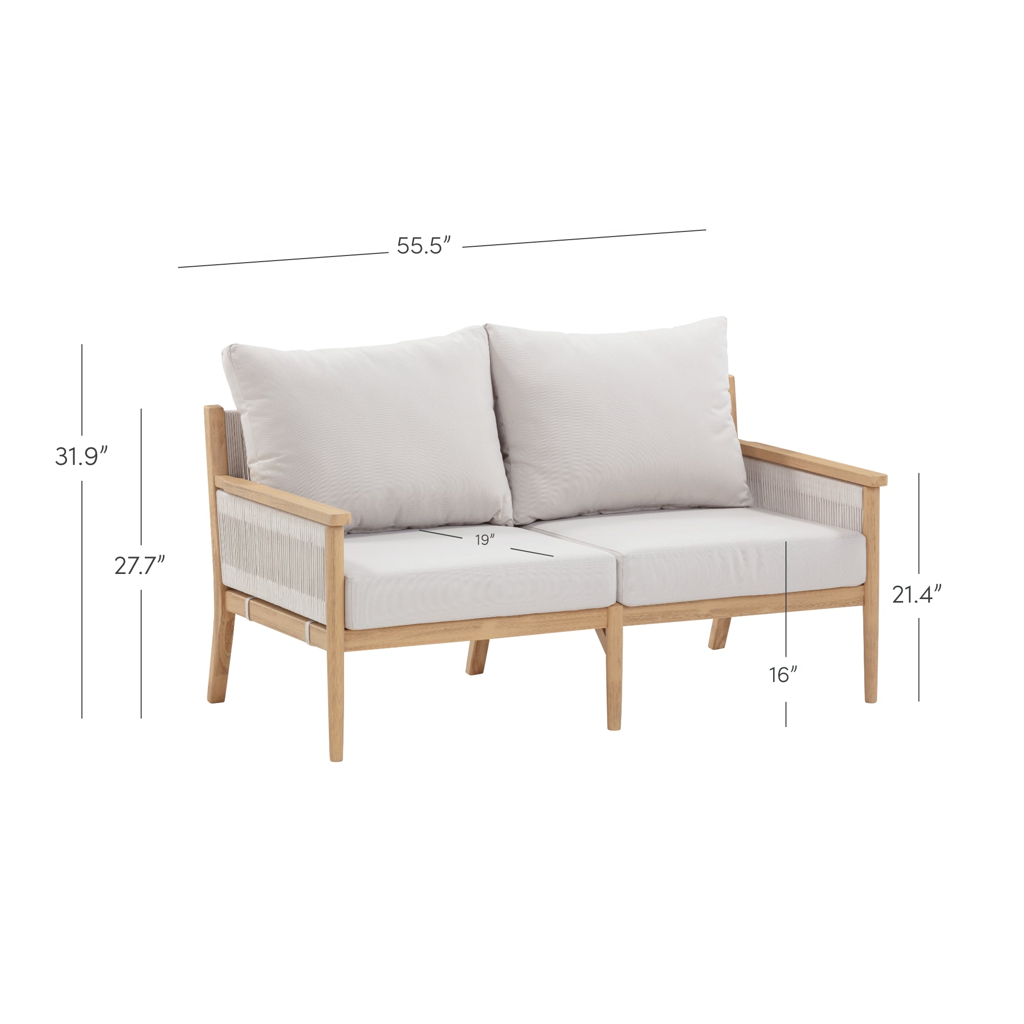 A light wood-framed loveseat with off-white cushions. Dimensions are labeled: 55.5” wide, 31.9” tall, 27.7” arm height, 21.4” seat depth, 19” seat width, and 16” seat height.