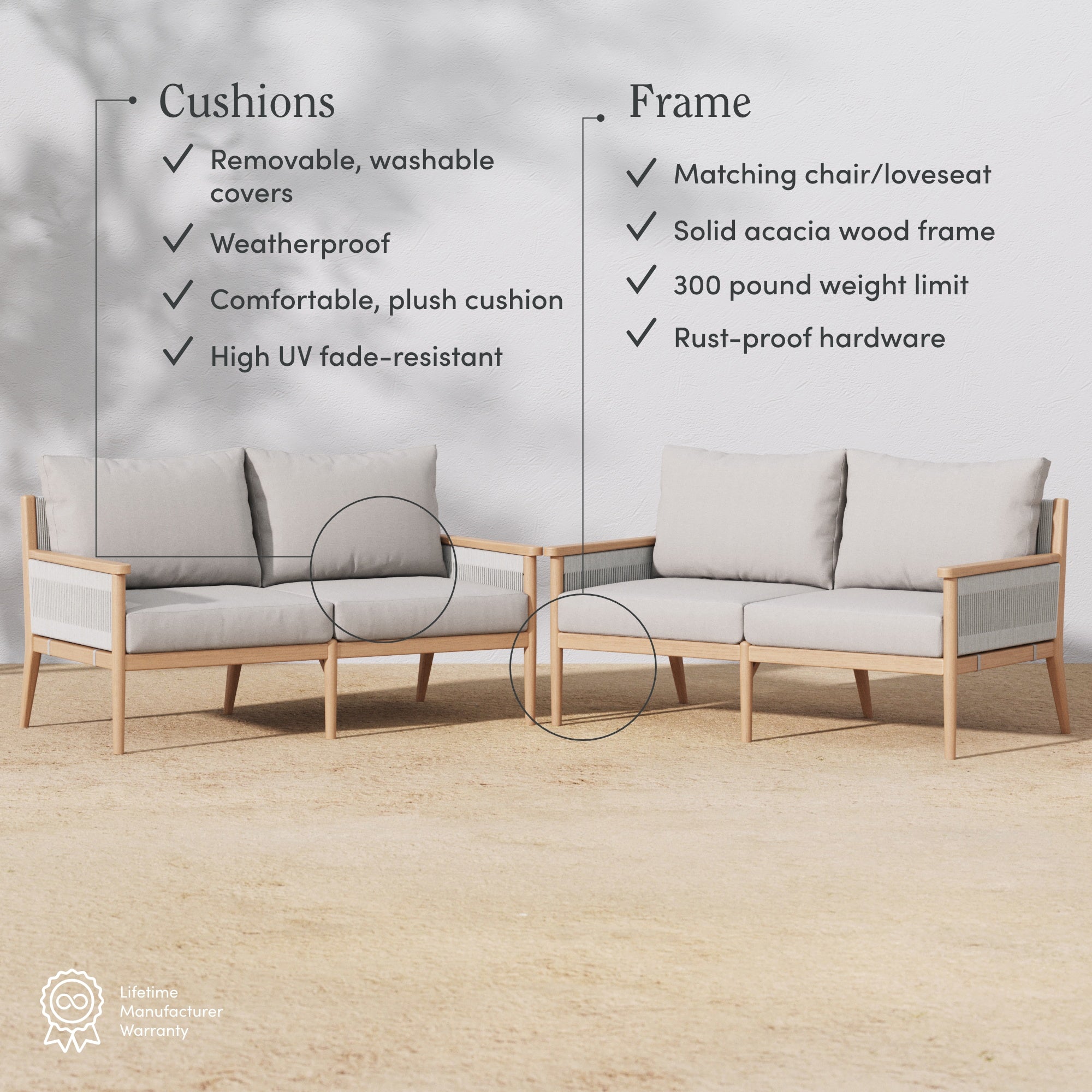 Two modern outdoor loveseats with light wood frames and light gray cushions are shown on a sandy surface. Text highlights cushion and frame features, such as washable covers, waterproof, and rust-proof hardware.