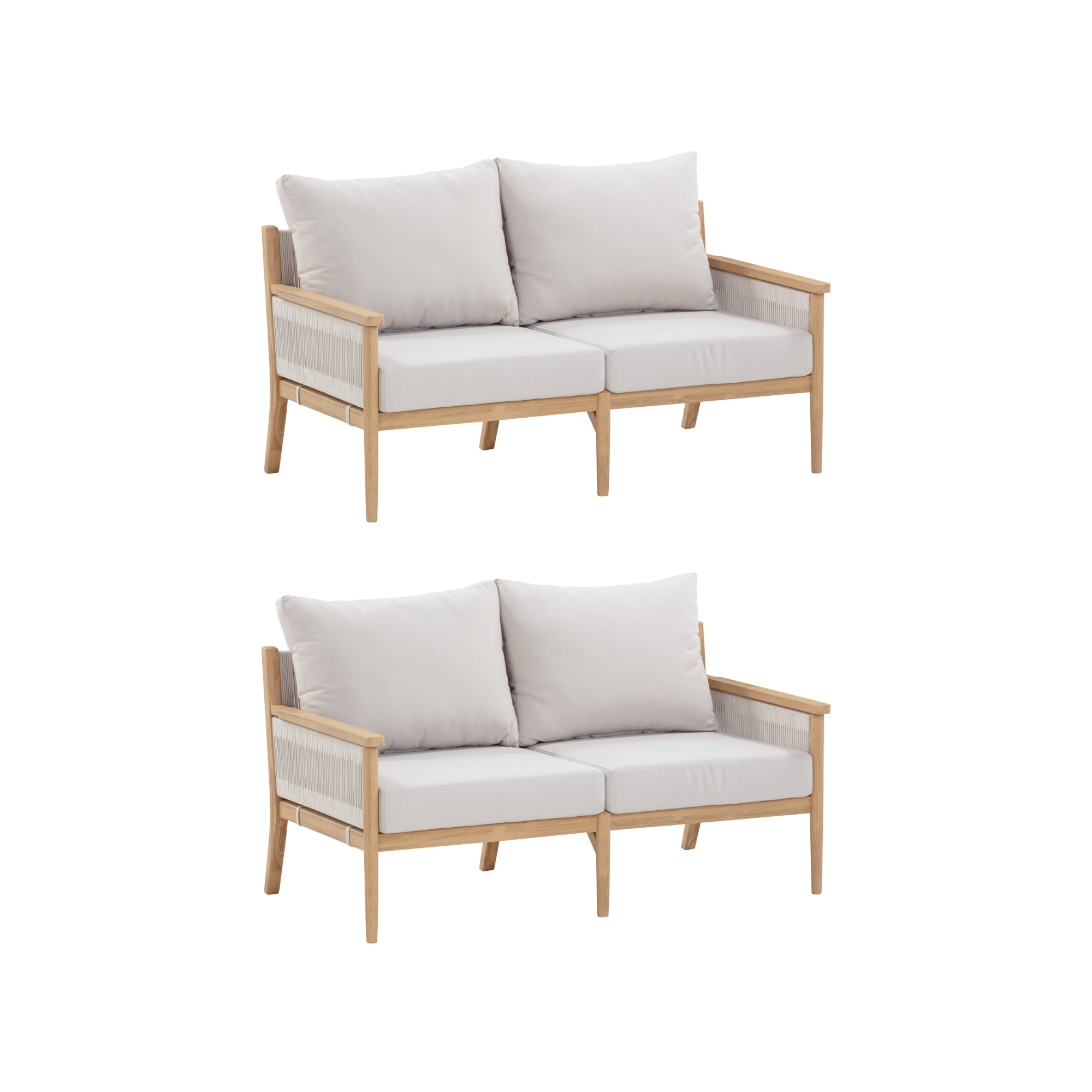 Two identical light wooden loveseats with beige cushions and woven side panels, shown one above the other on a white background.