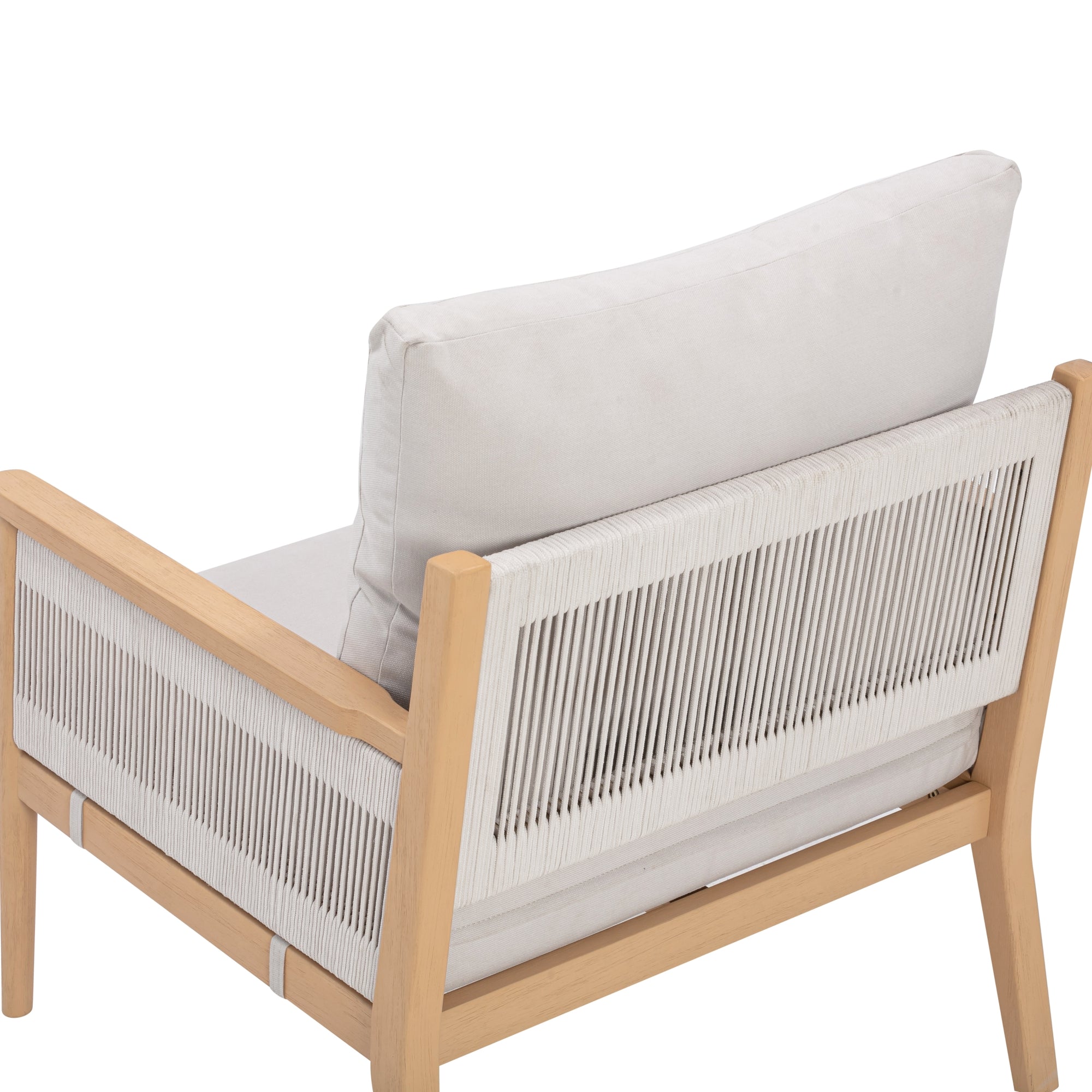 A modern armchair with a light wood frame, white woven rope detailing on the sides and back, and light-colored cushions on the seat and backrest.