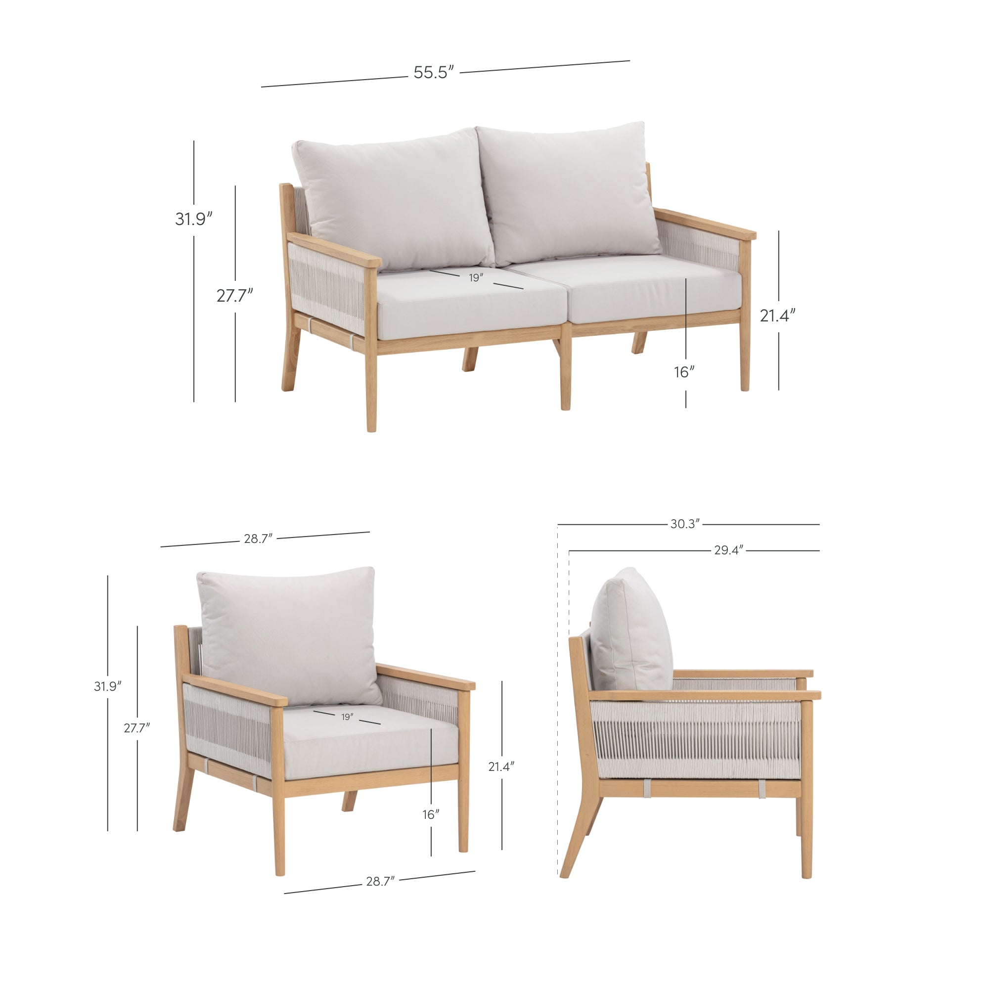 Outdoor furniture set with a two-seat sofa and an armchair, both featuring wood frames, light cushions, and side rope details. Dimensions are labeled for height, width, and depth in inches.