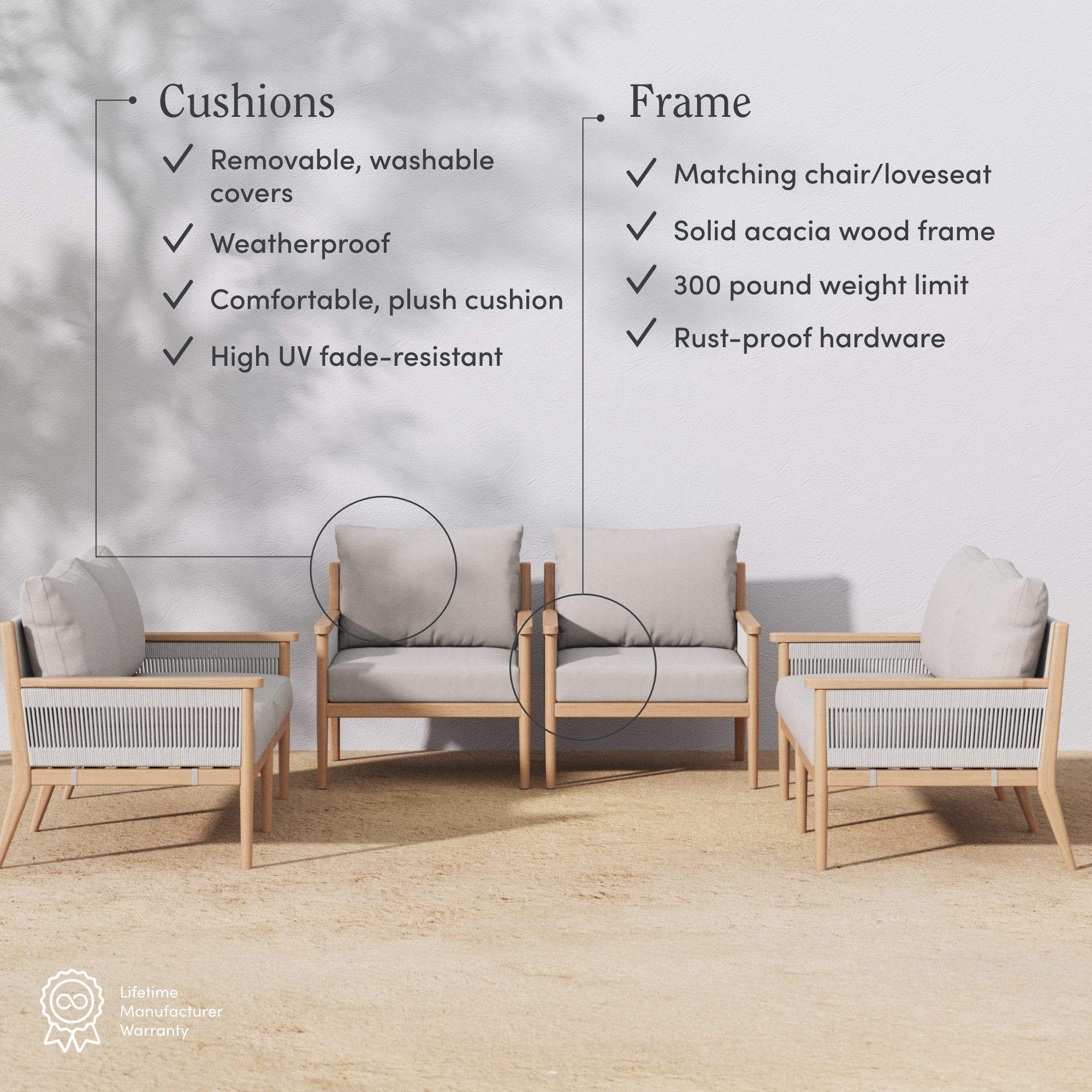 Outdoor patio furniture set with wooden frames and light-colored cushions. Text highlights features such as removable, washable covers, weatherproof and UV-resistant cushions, and a sturdy, rust-proof acacia wood frame.
