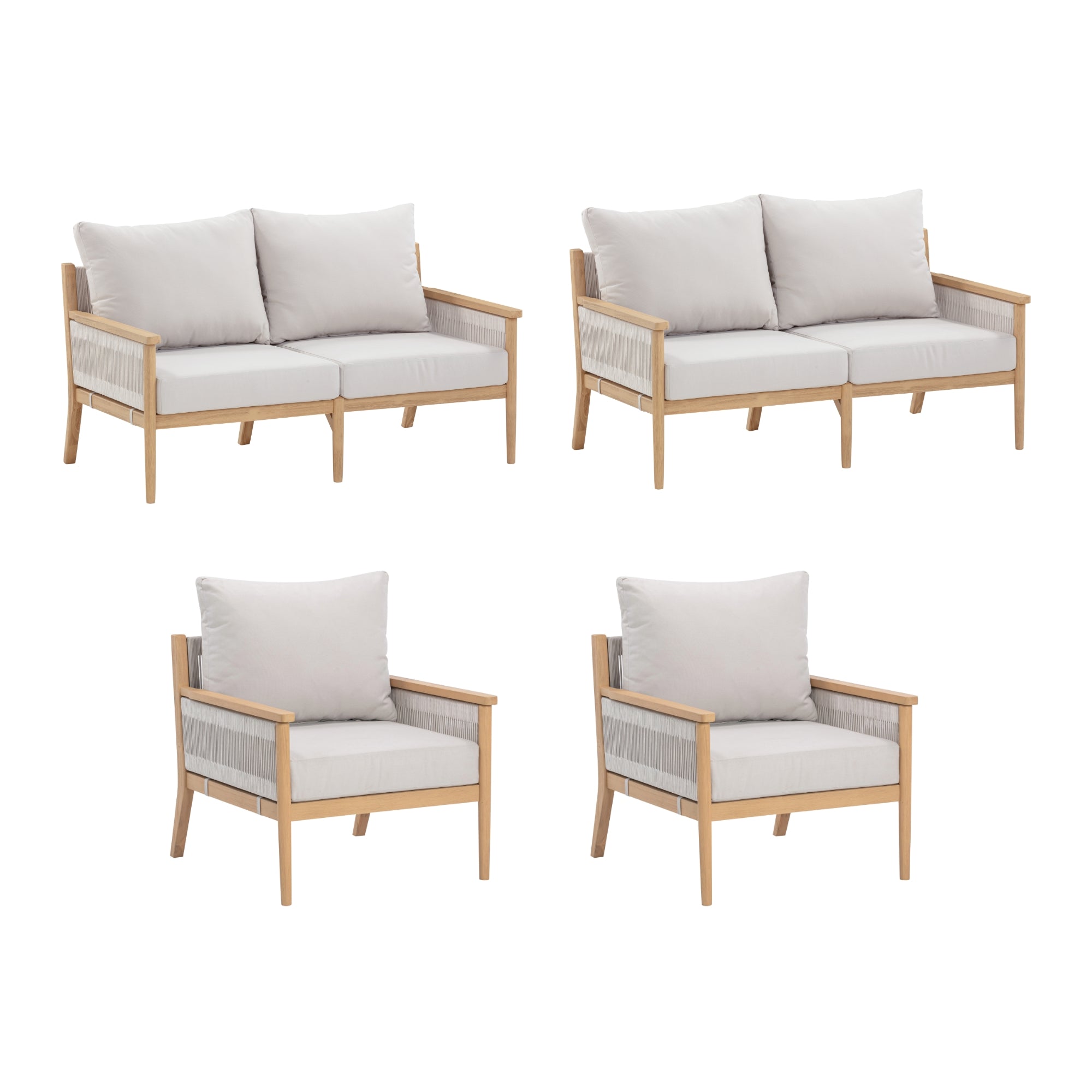 Four pieces of light wood outdoor furniture with light gray cushions: two loveseats and two armchairs, all with matching design, photographed on a white background.