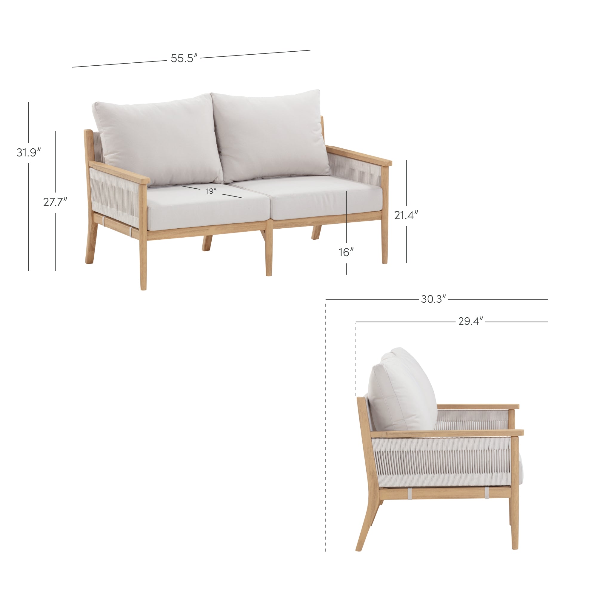 A wooden loveseat with light-colored cushions, shown from the front and side. Dimensions are labeled: width 55.5, height 31.9, seat height 16, seat depth 19, armrest height 21.4, and depth 30.3.