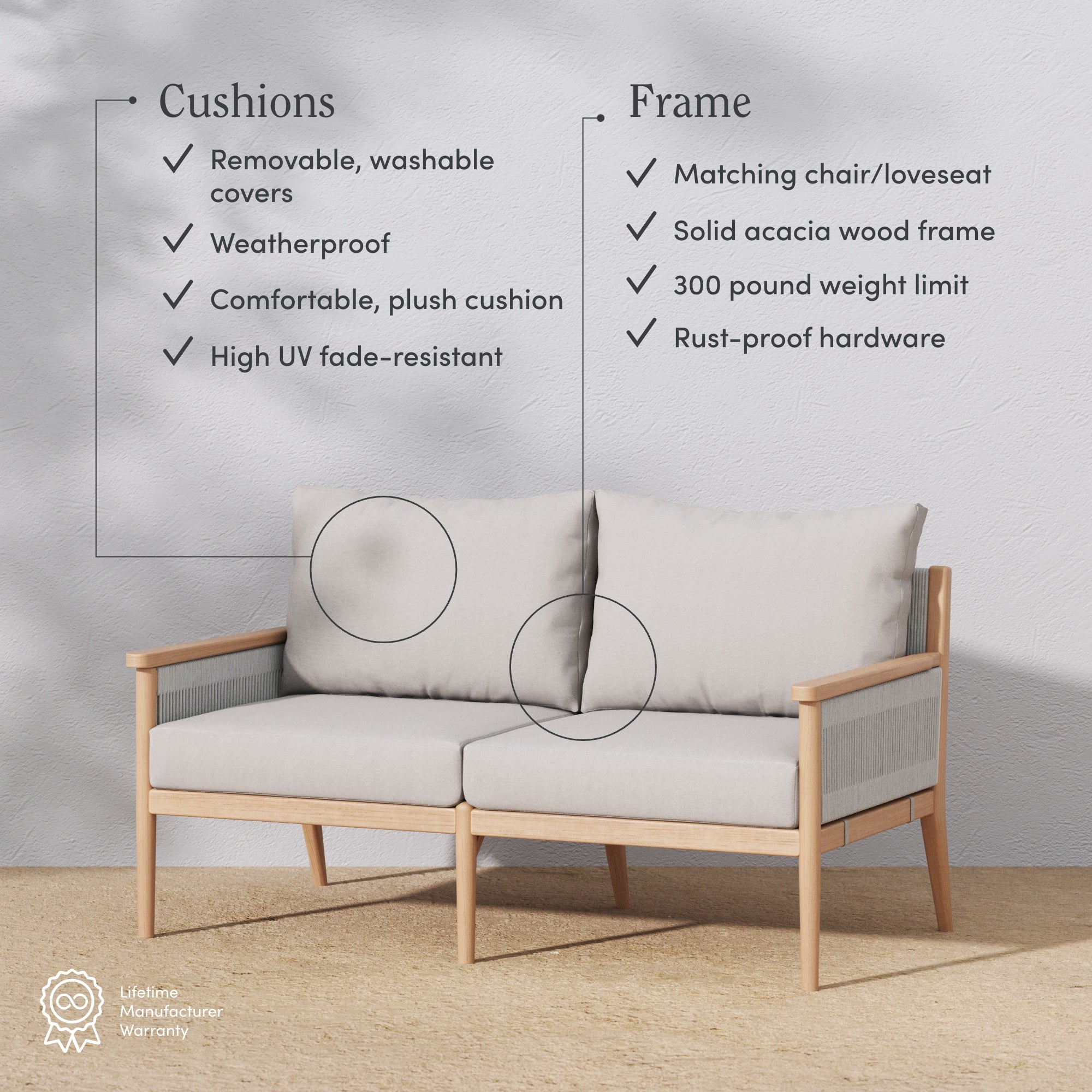 A modern outdoor loveseat with light wood frame and beige cushions is displayed. Text highlights features like washable, weatherproof cushions, acacia wood frame, rust-proof hardware, and a 300-pound weight limit.
