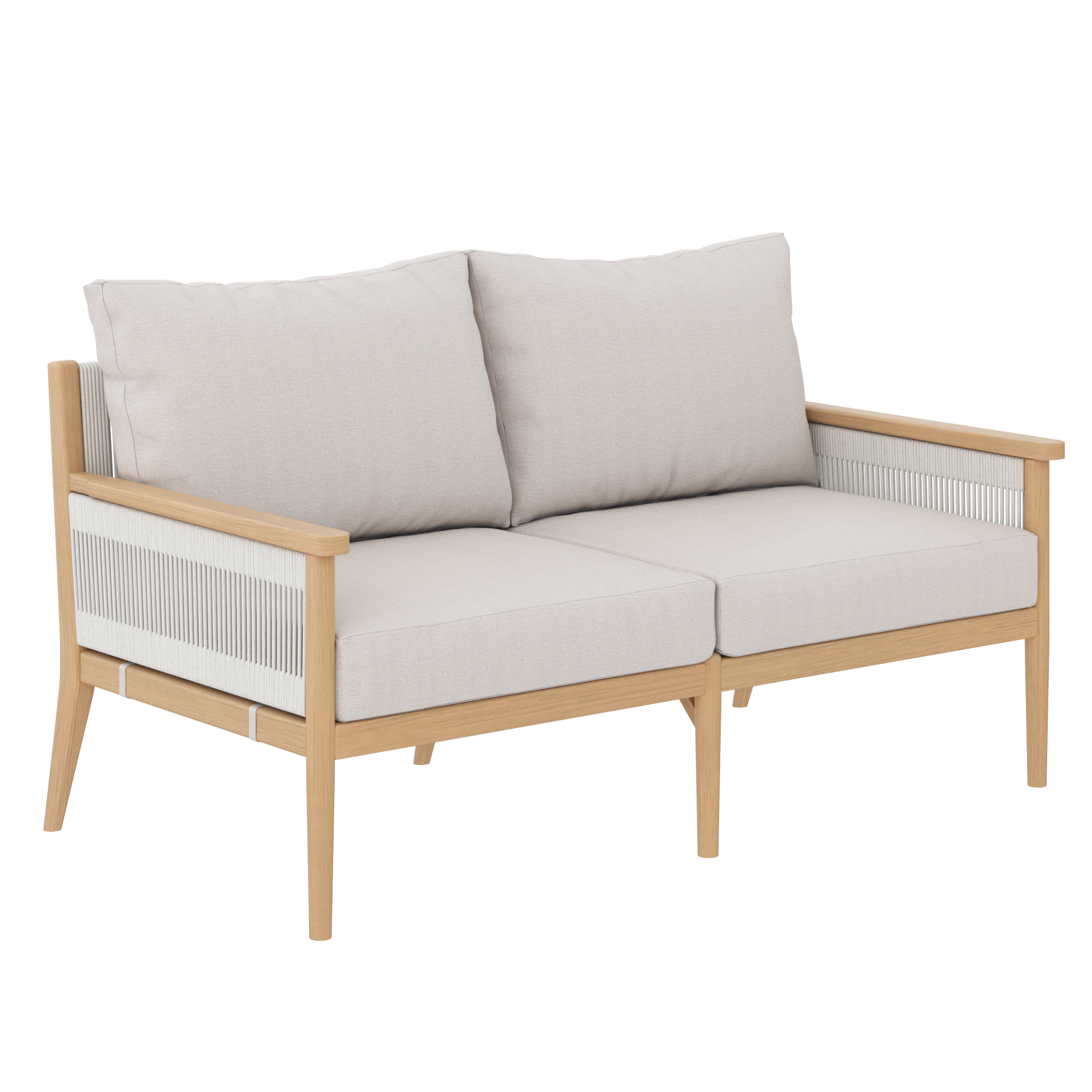 A modern two-seater sofa with light wood frame, beige seat and back cushions, and white rope detailing on the sides, set against a plain white background.