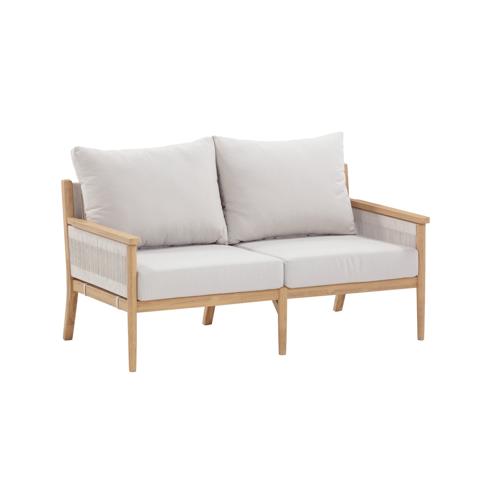 A wooden-framed loveseat with light beige seat and back cushions, featuring wide armrests and a simple, modern design. The sofa is placed against a plain white background.