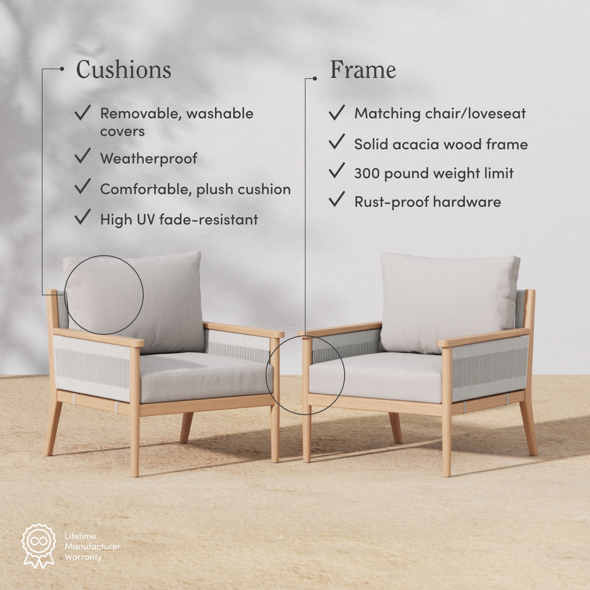 Two modern outdoor armchairs with light wood frames and beige cushions are displayed on a patio. Text highlights features such as removable covers, weatherproof cushions, solid acacia wood, and rust-proof hardware.