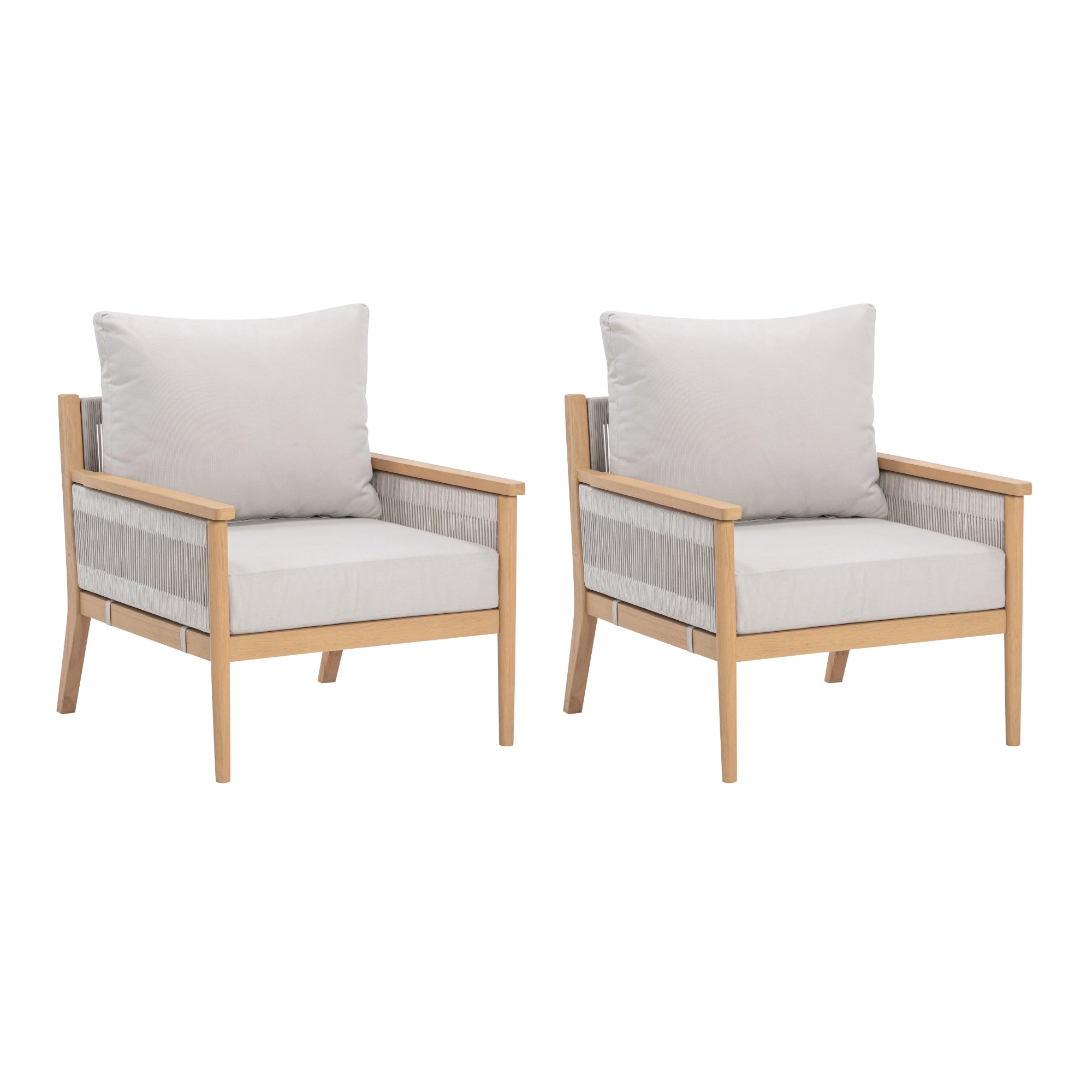 Two modern wooden armchairs with light beige cushions and woven side panels, displayed side by side on a white background.