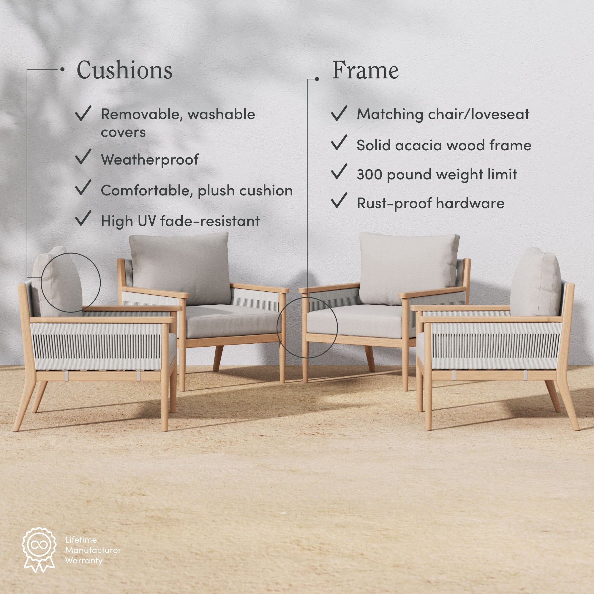 Four outdoor chairs with light wood frames and light gray cushions sit on a patio. Text highlights features: removable, weatherproof, UV-resistant cushions and rust-proof, acacia wood frames with a 300-pound weight limit.