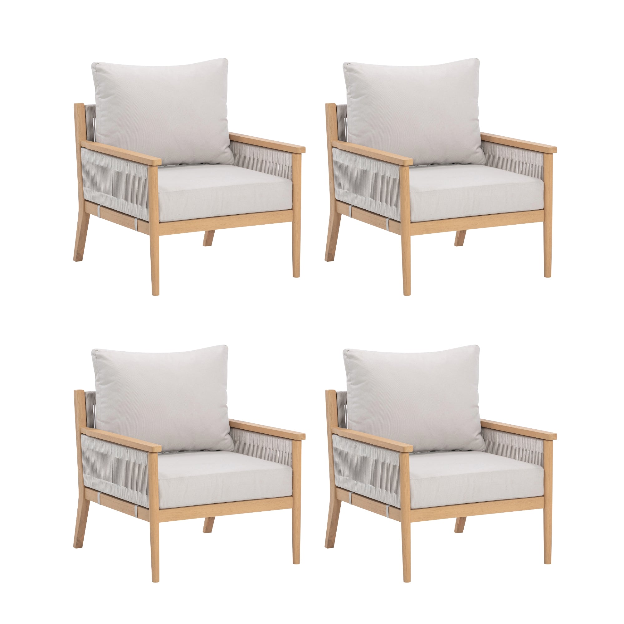 Four wooden armchairs with light beige cushions and pillows, arranged in two rows of two on a white background. The chairs have a minimalist, modern design.