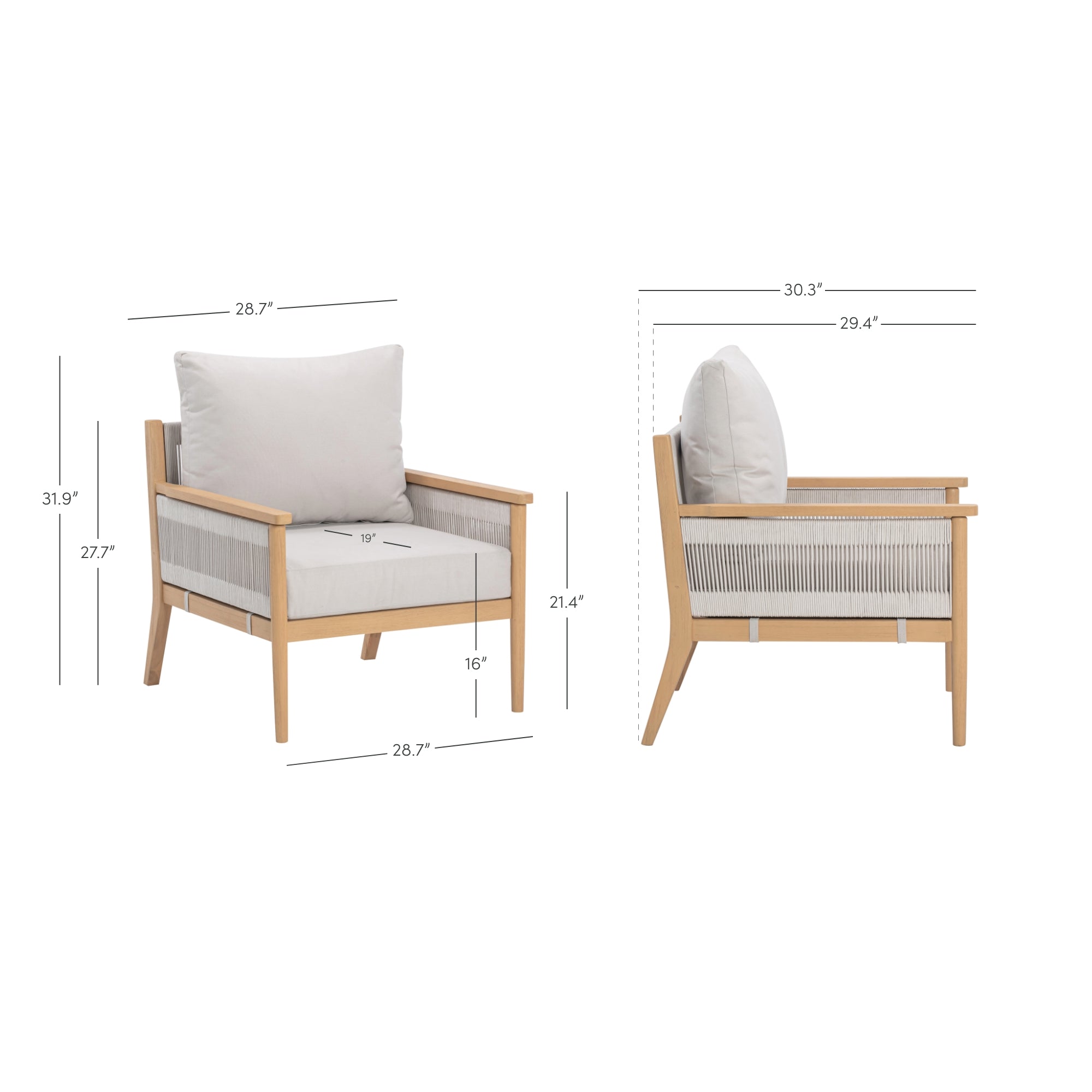 Armchair with light wood frame, beige cushions, and rope detailing. Shown from front and side with dimensions: 31.9 H, 28.7 W, 29.4 D, 21.4 seat depth, 16 seat height, 22.7 arm height, 30.3 total depth.