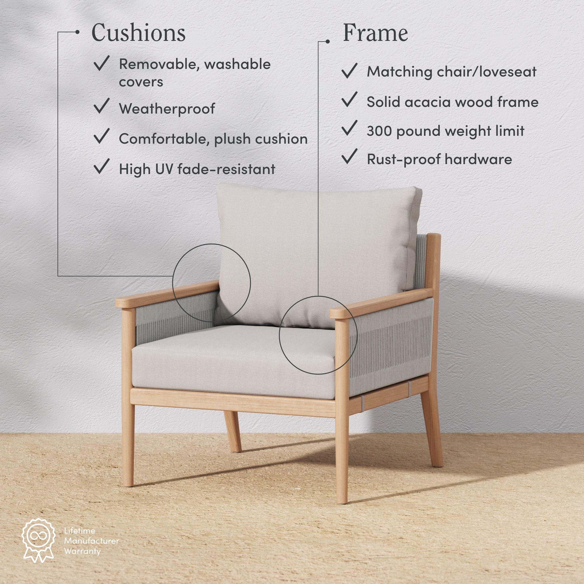 A modern armchair with light gray cushions and a wooden frame is shown. Text highlights features like washable, weatherproof cushions, acacia wood frame, 300 lb weight limit, and rust-proof hardware.