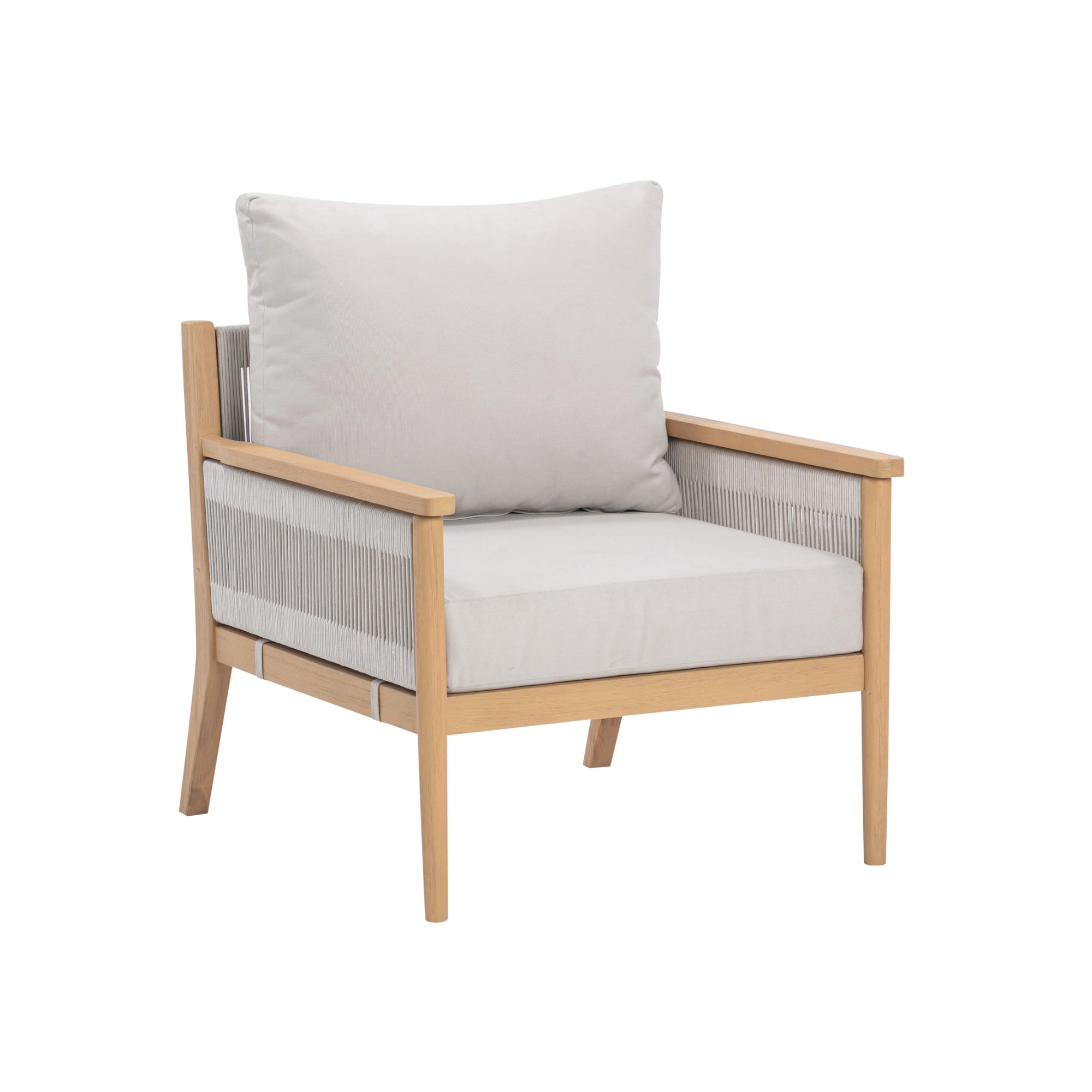 A modern wooden armchair with light beige cushions and a simple, minimalist design. The chair has a sturdy frame and features rope detailing along the sides and back.