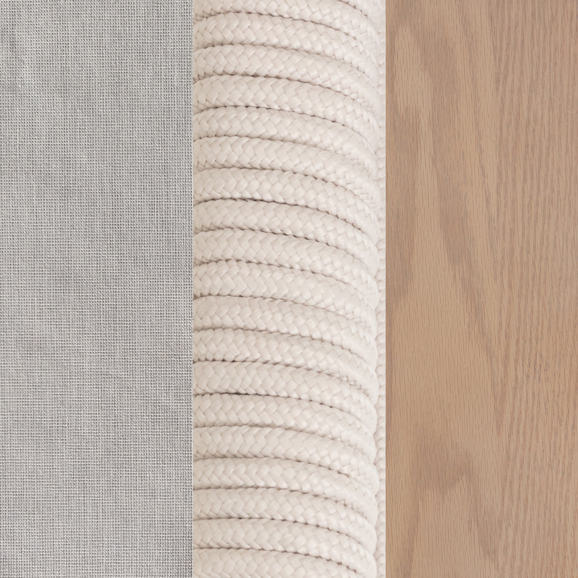 Close-up of three textures: light gray woven fabric on the left, thick white braided rope in the center, and light wood surface with visible grain on the right.