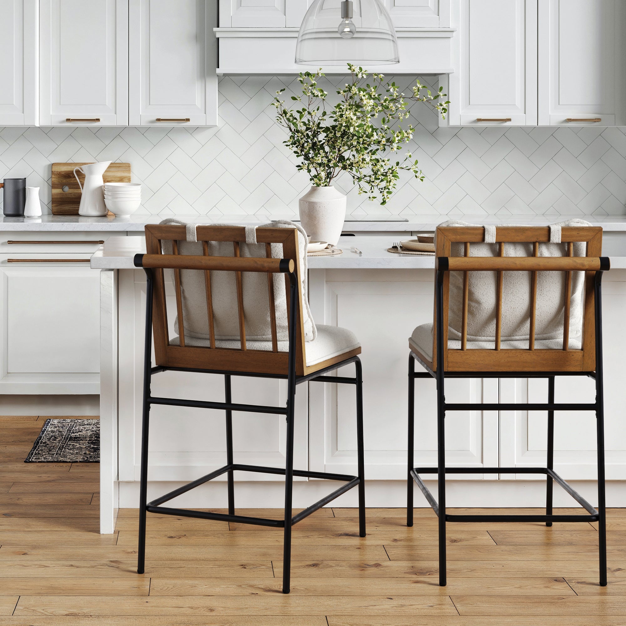 Metal Bar Stool with Cushion and Solid Wood Frame (Set of 2)