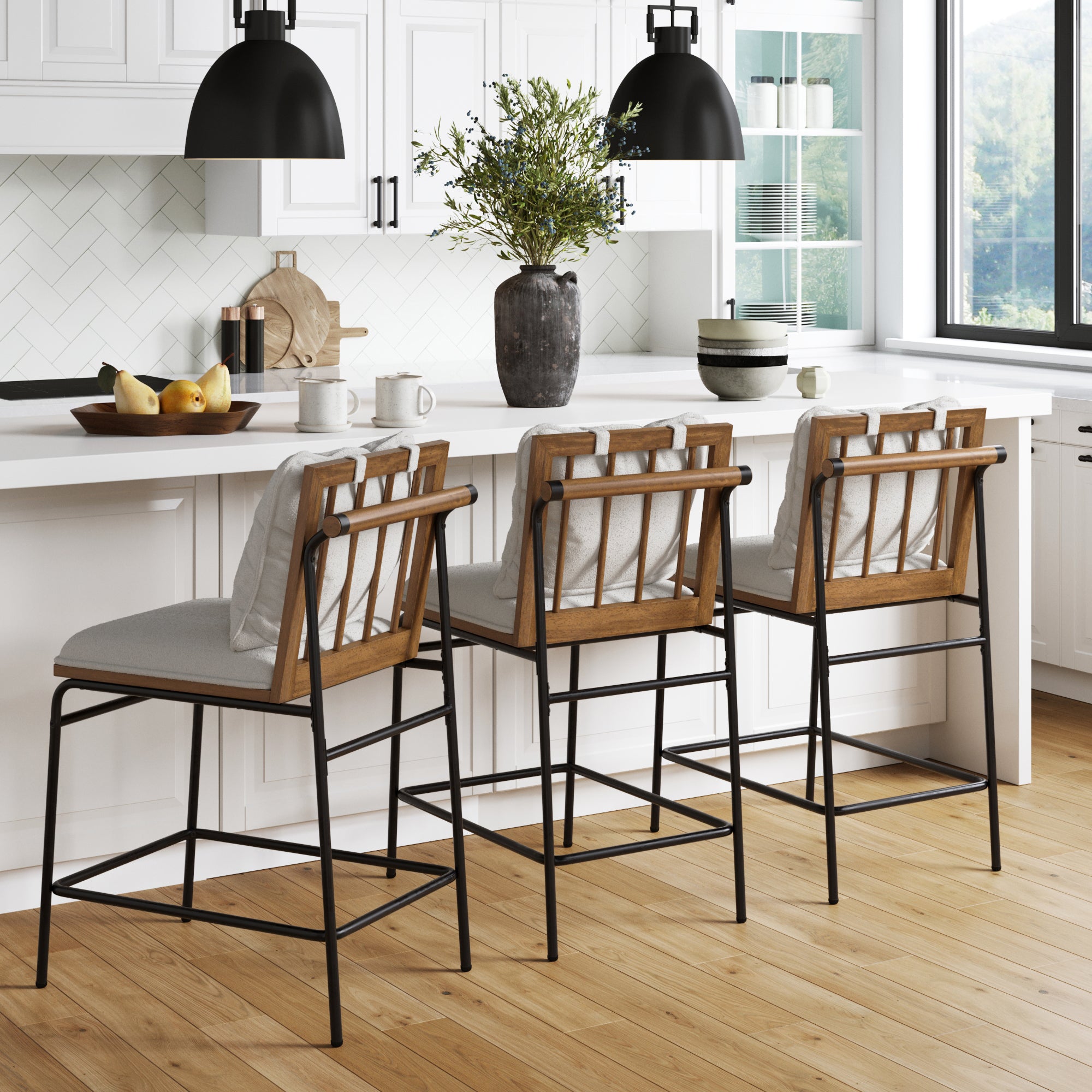 Metal Bar Stool with Cushion and Solid Wood Frame (Set of 3)