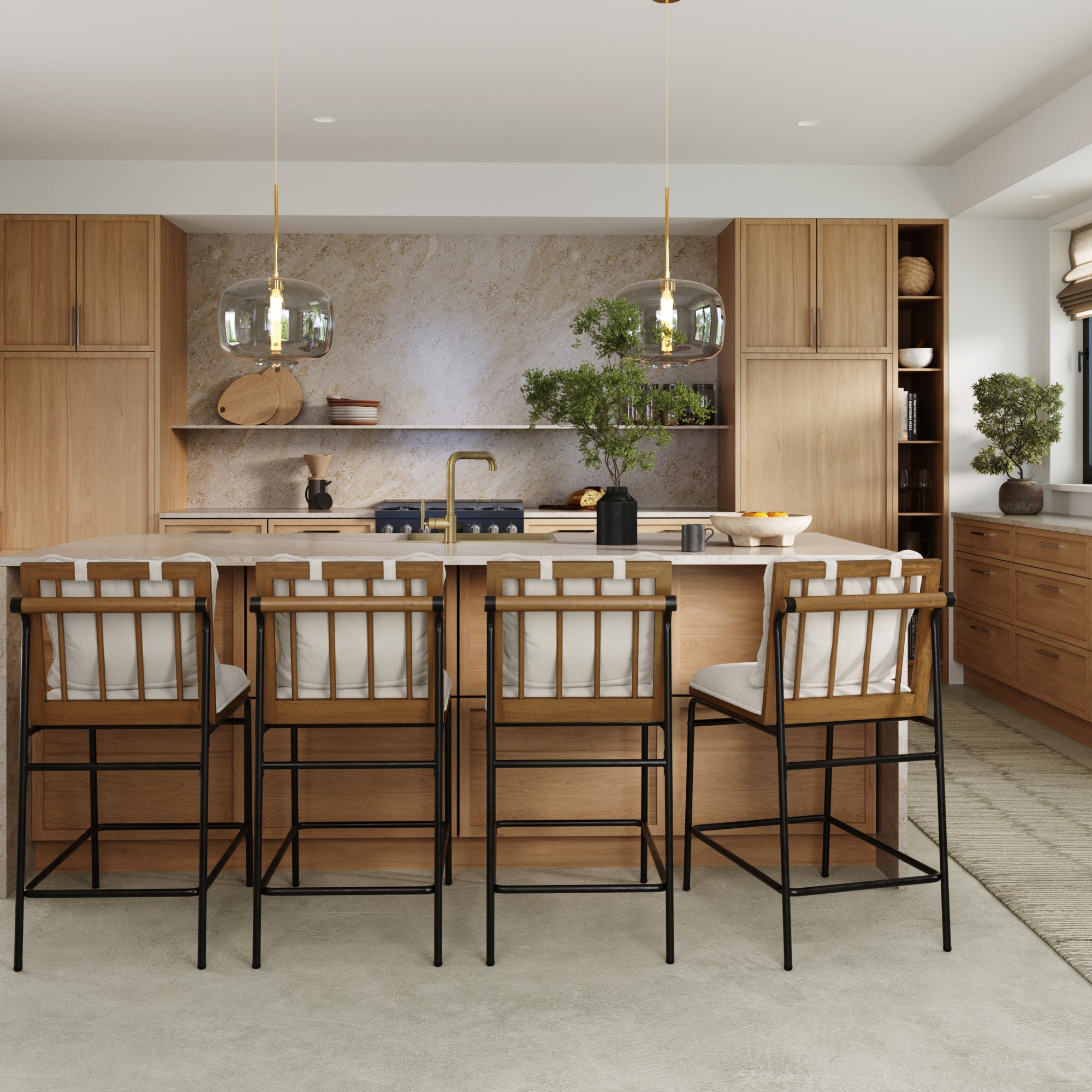 Metal Bar Stool with Cushion and Solid Wood Frame (Set of 4)