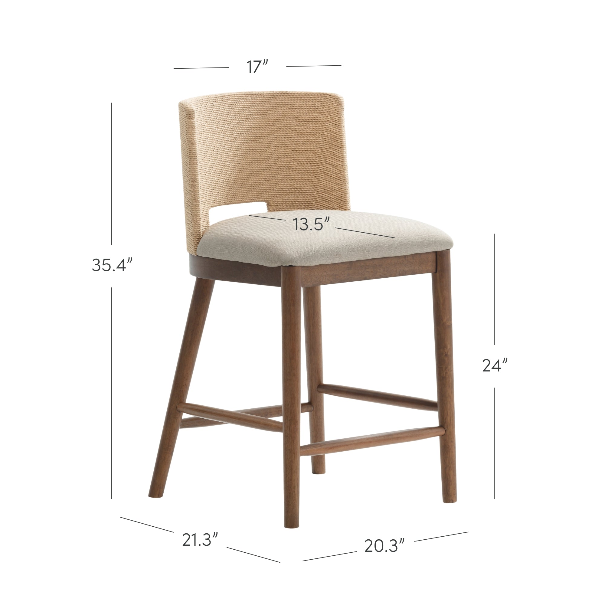 A wooden counter-height chair with a woven backrest and cushioned seat. Dimensions are labeled: 35.4 tall, 24 seat height, 17 back width, 13.5 seat depth, 21.3 chair depth, and 20.3 chair width.