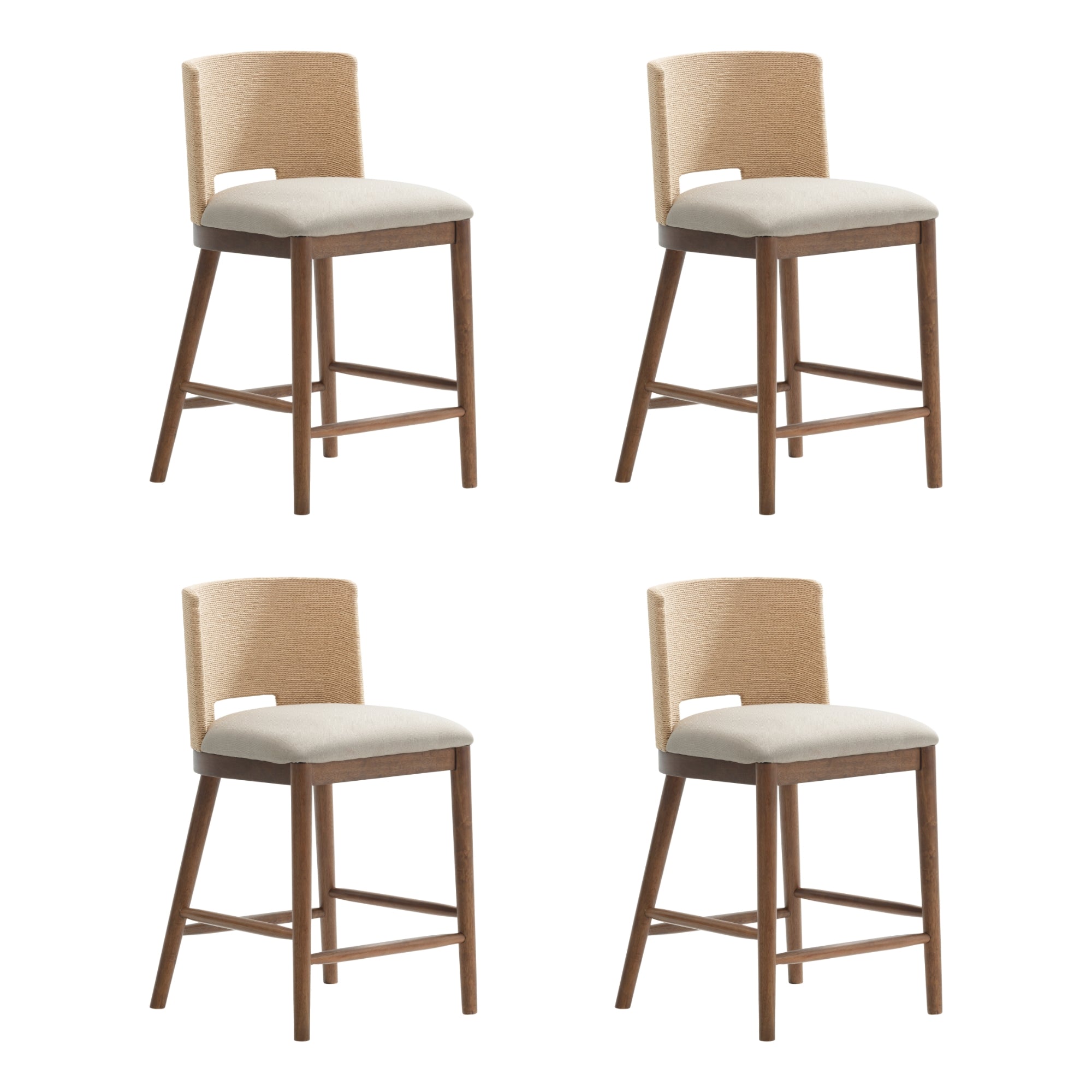 Four identical bar stools with light beige upholstered seats, wooden legs, footrests, and low backs, arranged in a two-by-two grid on a white background.
