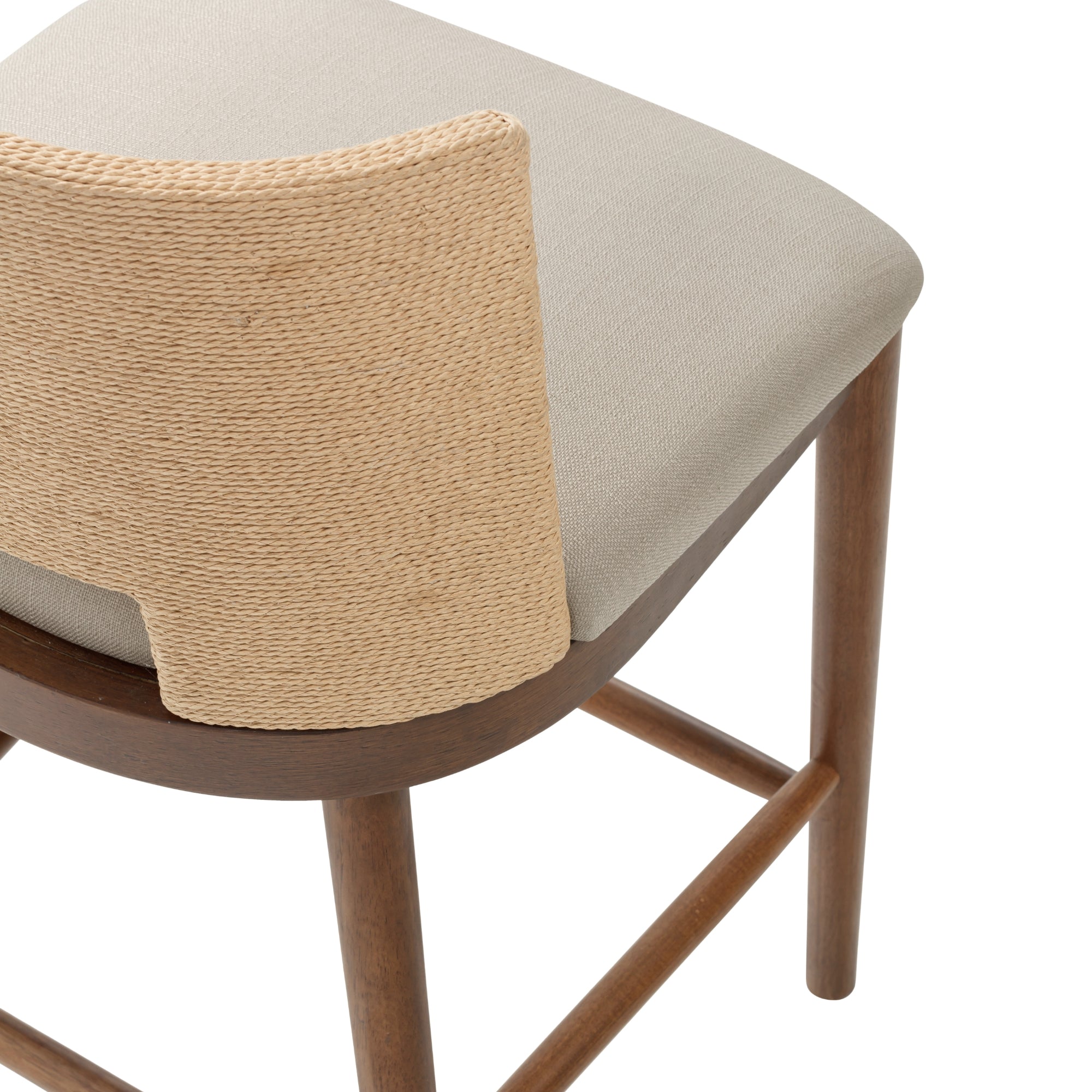A modern wooden chair with a light beige cushioned seat and a unique woven rope backrest, shown from an elevated angle against a white background.